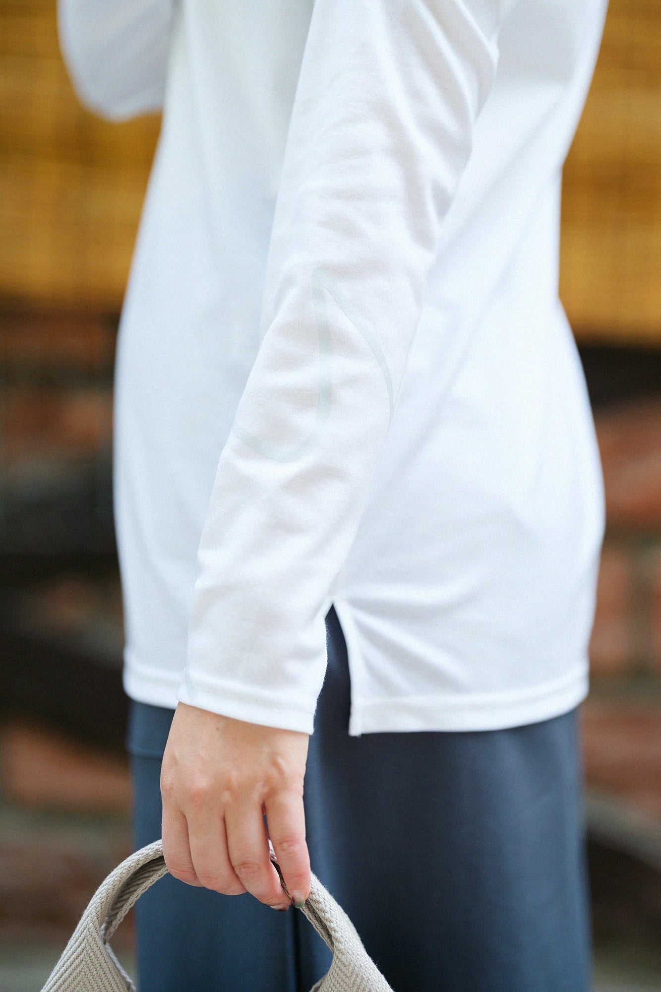 双面平纹针织半开襟长袖T-shirt／白色