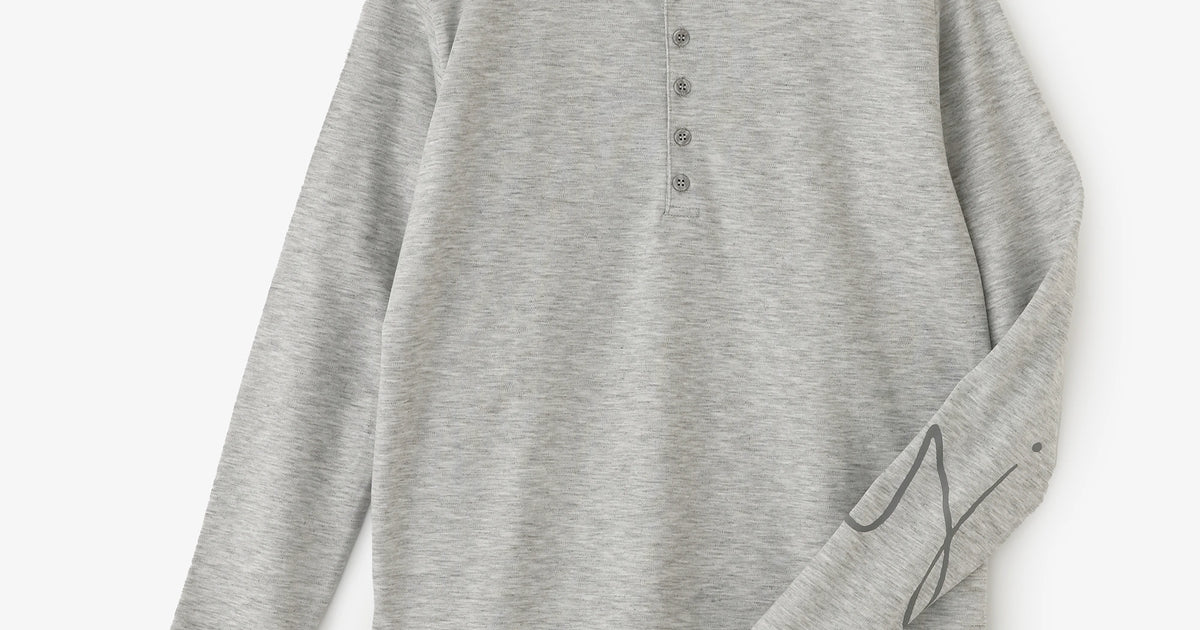 Smooth Knit Henley Neck Long Sleeved T-shirt／Light Heather Grey