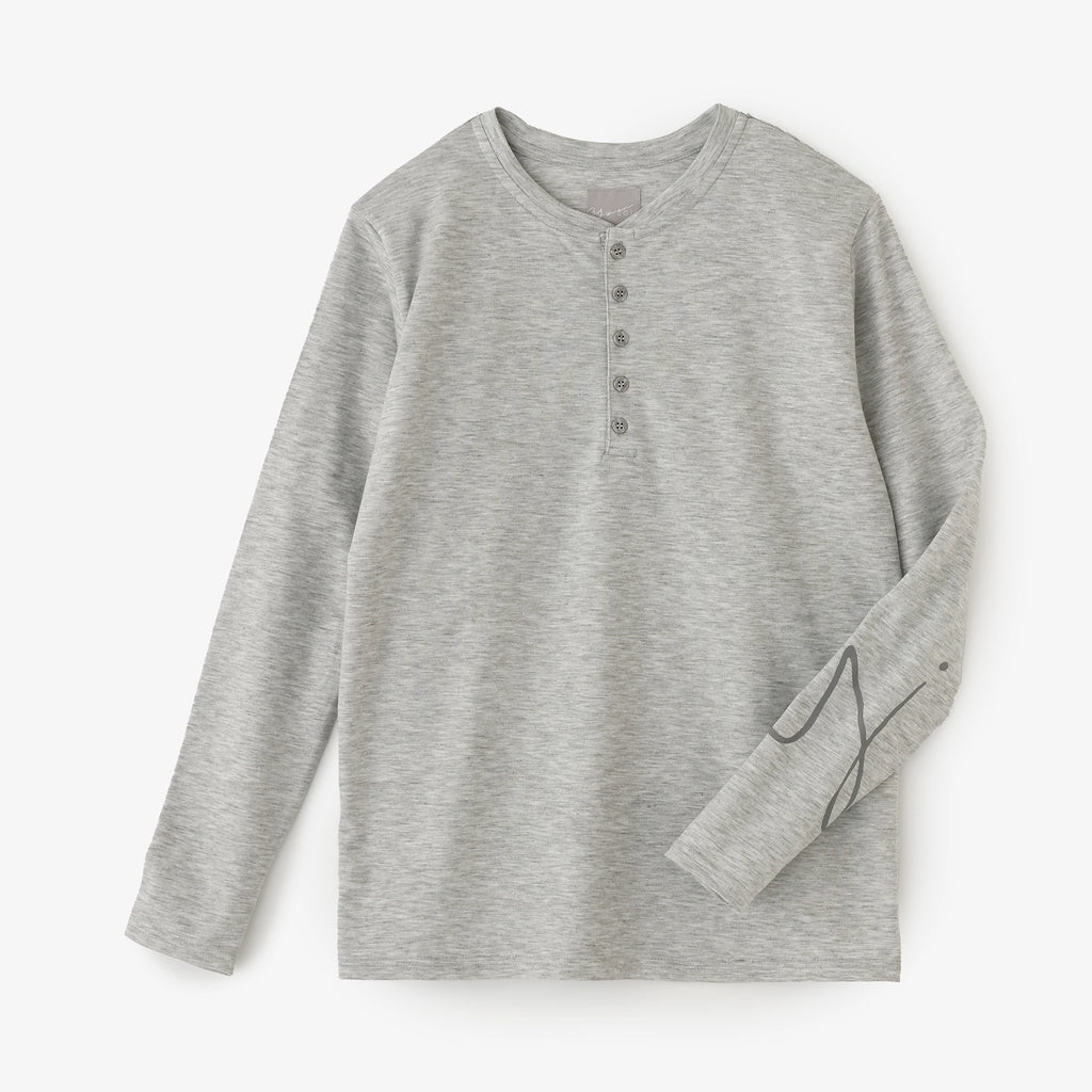 スムース編 ヘンリーネック 長袖Tシャツ／ライトヘザーグレー