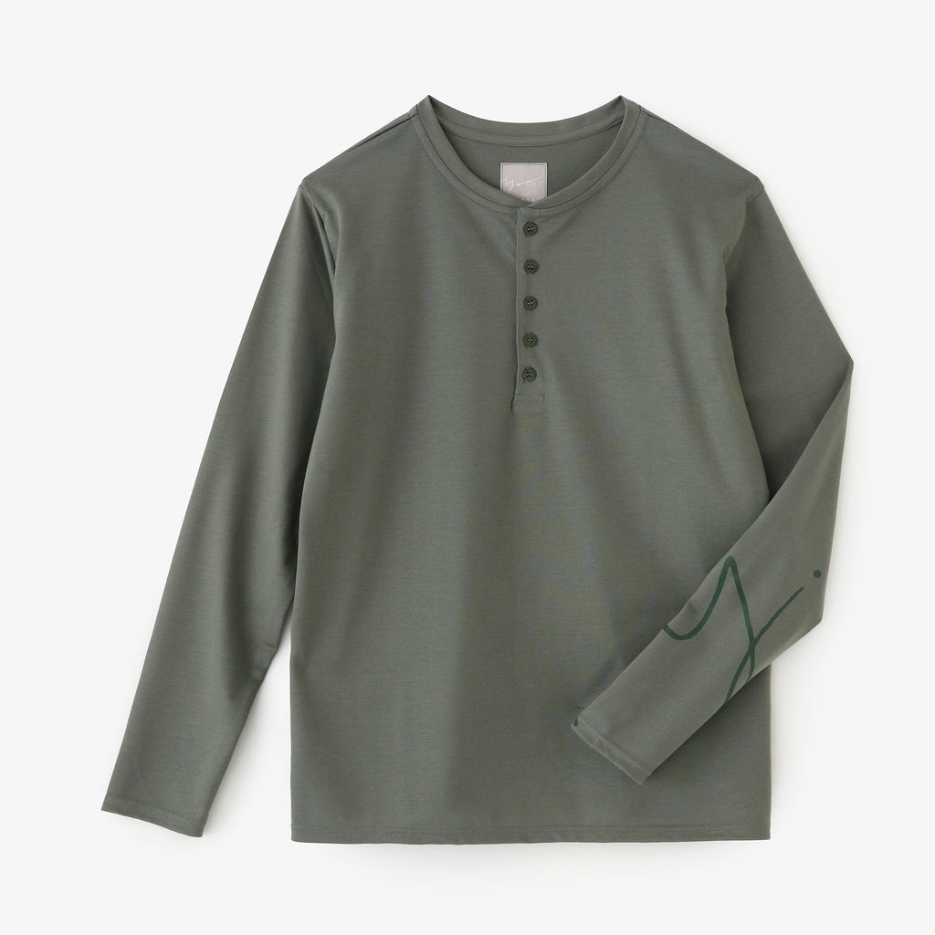 スムース編 ヘンリーネック 長袖Tシャツ／モスグレー