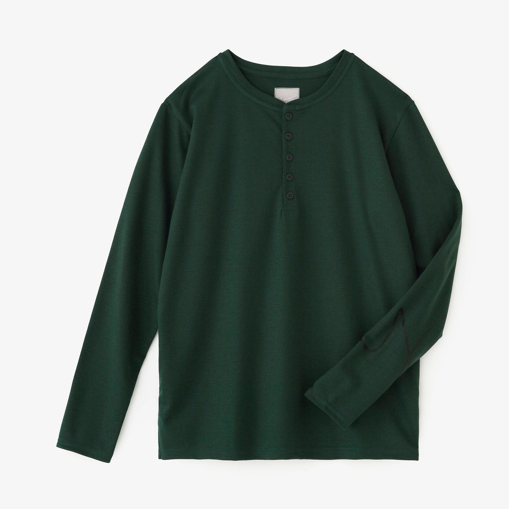 スムース編 ヘンリーネック 長袖Tシャツ／エバーグリーン