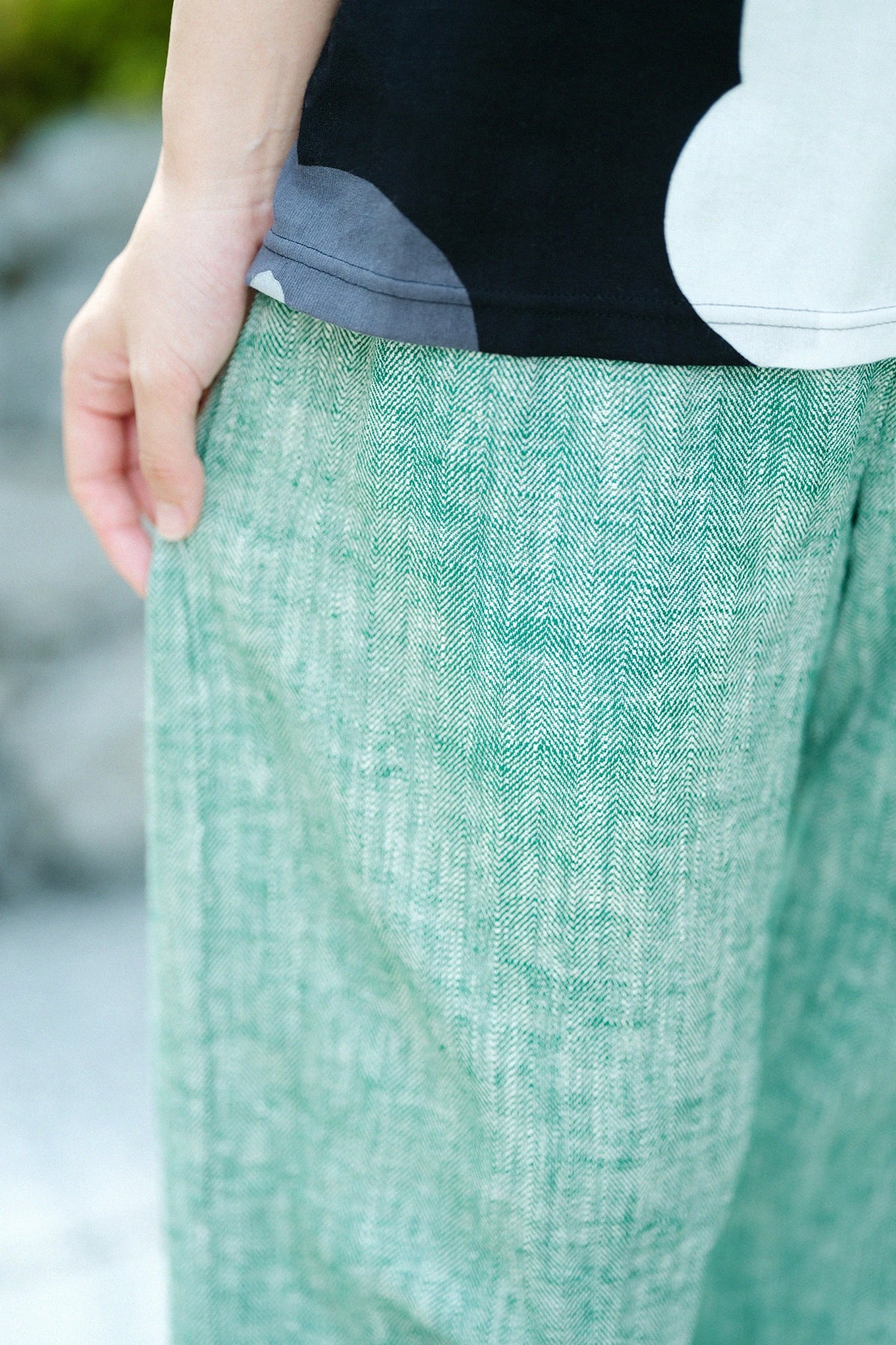Linen-Cotton Herringbone Weave Wide Pants／Heather Green