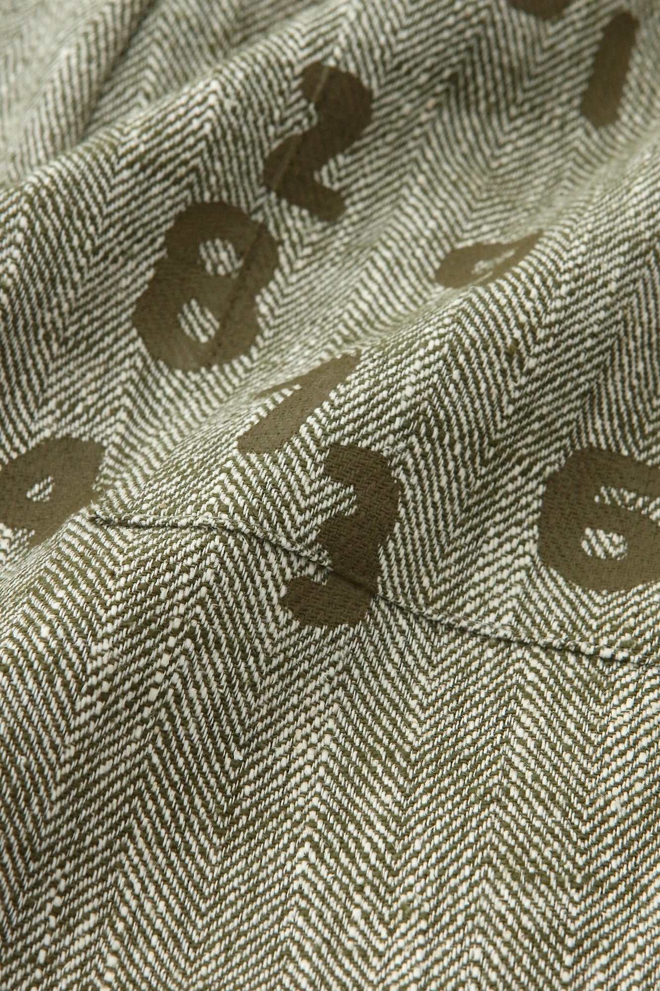 麻棉 人字形織 闊腿褲／混深綠色 