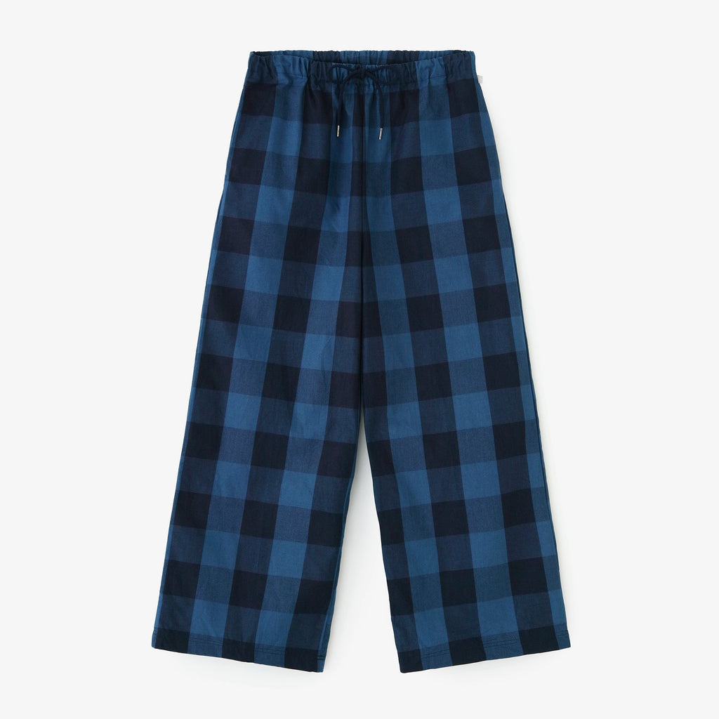 M&KYOKO 新品 リバーシブル　ワイドパンツ ネイビー・チェック ツイルブロックチェック ワイドパンツ／インディゴ