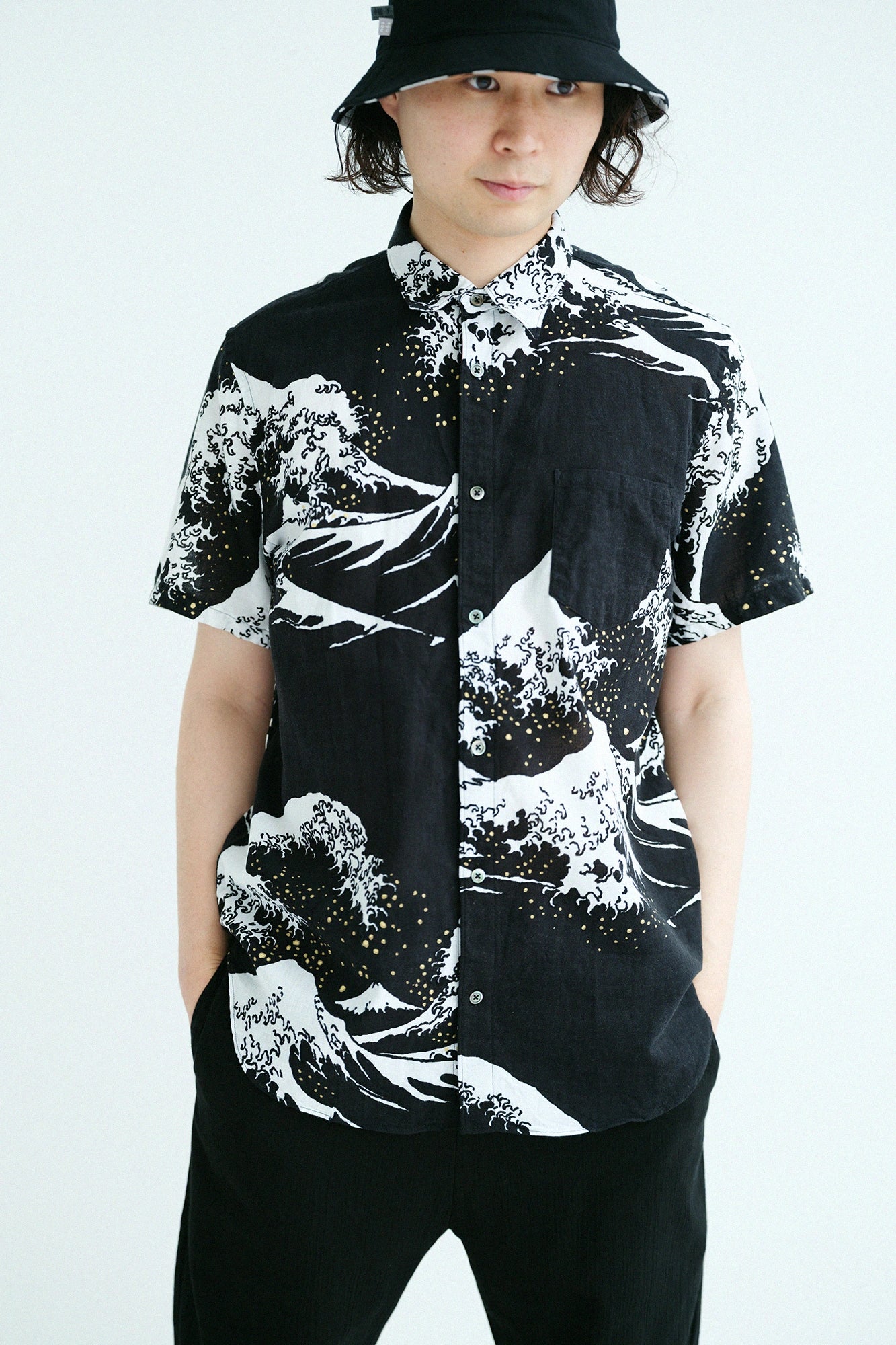 Isemomen Cotton Bun Short Sleeve Shirt／Hokusai The Great Wave off Kanagawa-Recreation Twilight