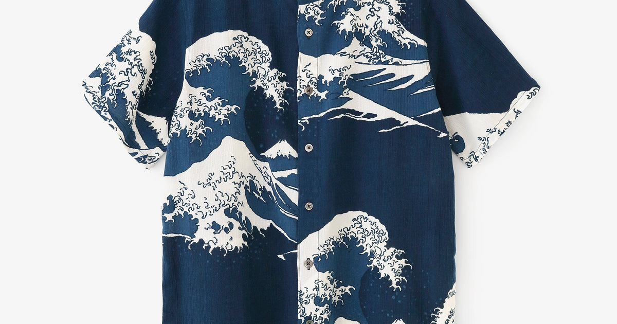 高島縮 20/20 藍捺染 スタンドカラー半袖シャツSP 2.0／北斎（ほくさい
