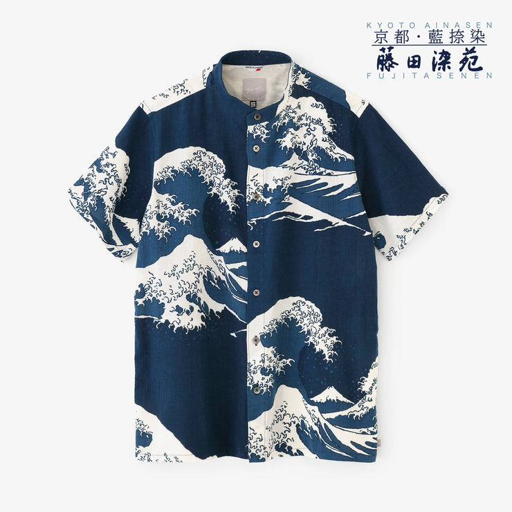 【7月7日頃発送予定】高島縮 20/20 藍捺染 スタンドカラー半袖シャツSP 2.0／北斎（ほくさい） 神奈川沖浪裏（かながわおきなみうら） 写し（うつし）