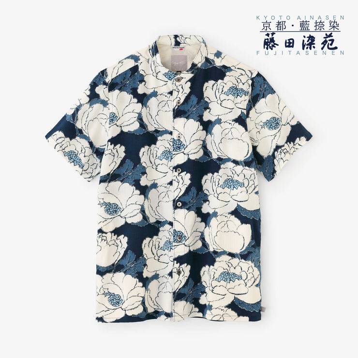 【7月7日頃発送予定】高島縮 20/20 藍捺染 スタンドカラー半袖シャツSP 2.0／牡丹華（ぼたんはなさく）