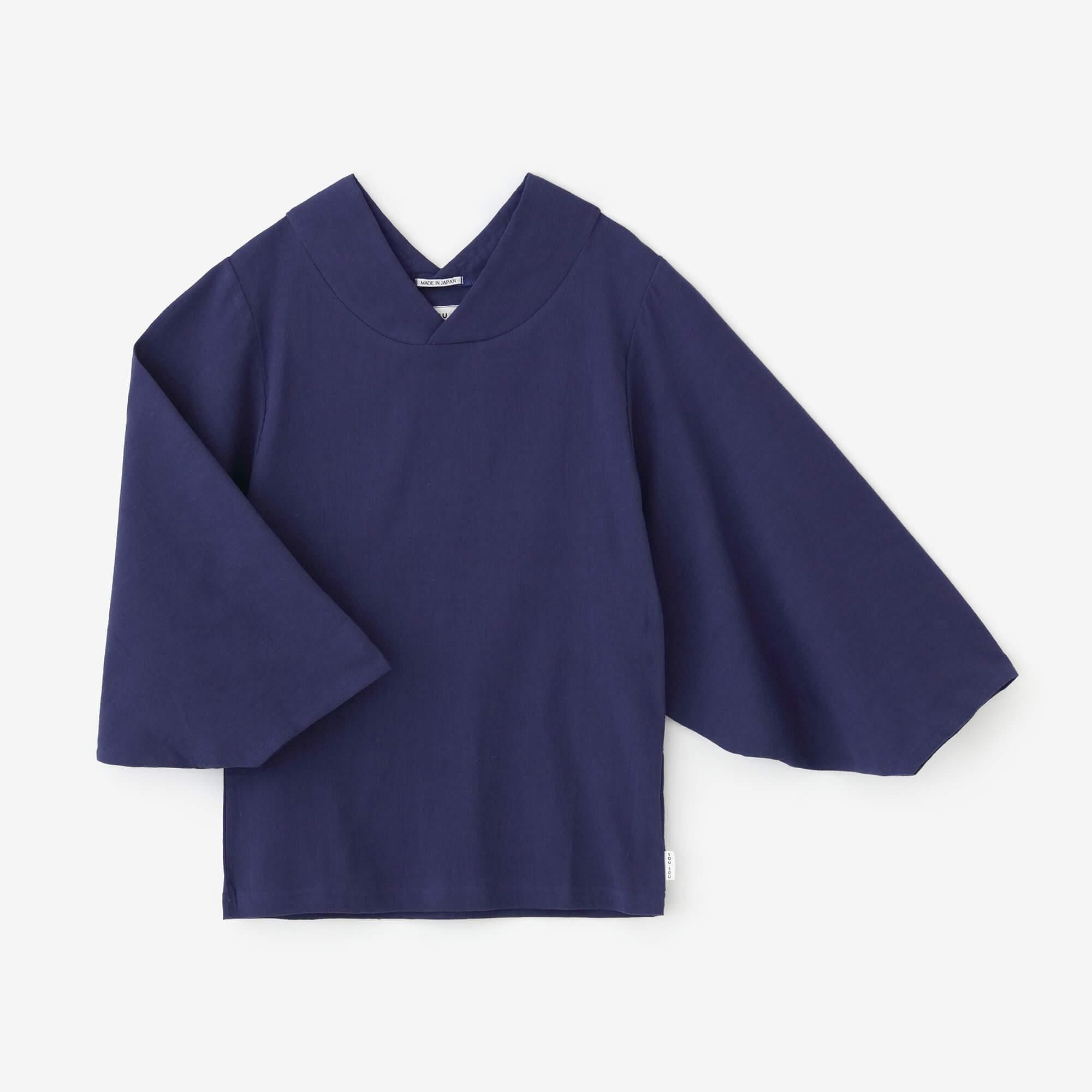 Chizimi Cotton 40/40 Kimono Collar Top / Navy Blue