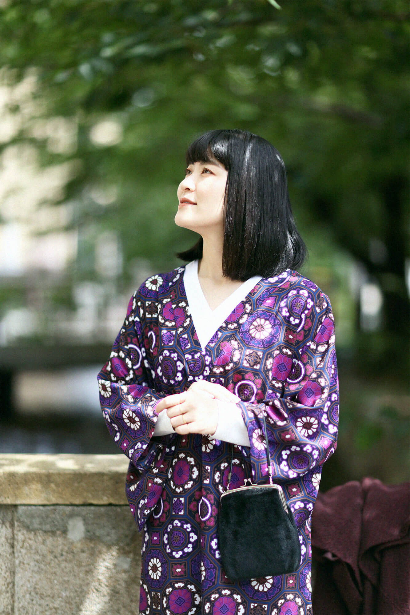 フェイクファー がま口 大／濡羽色（ぬればいろ）