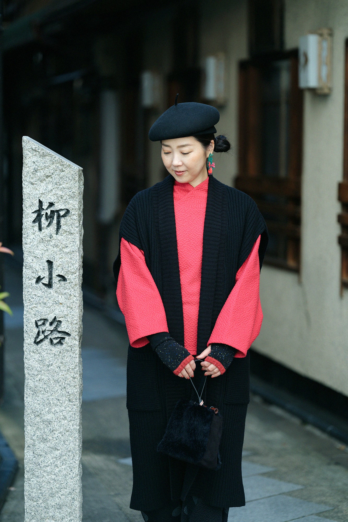 兔毛混紡 袖套／胭脂紅 2