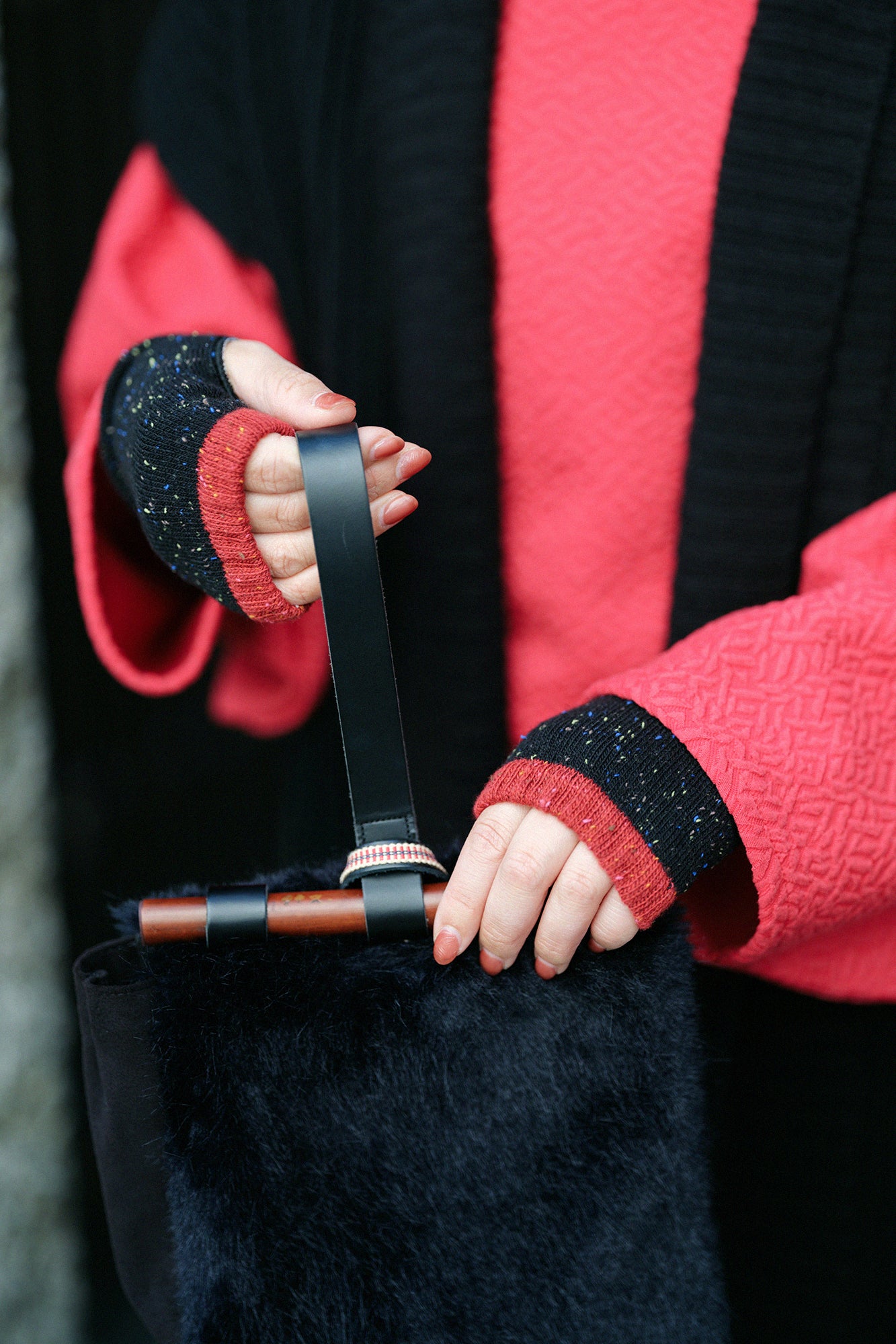 兔毛混紡 袖套／胭脂紅 2