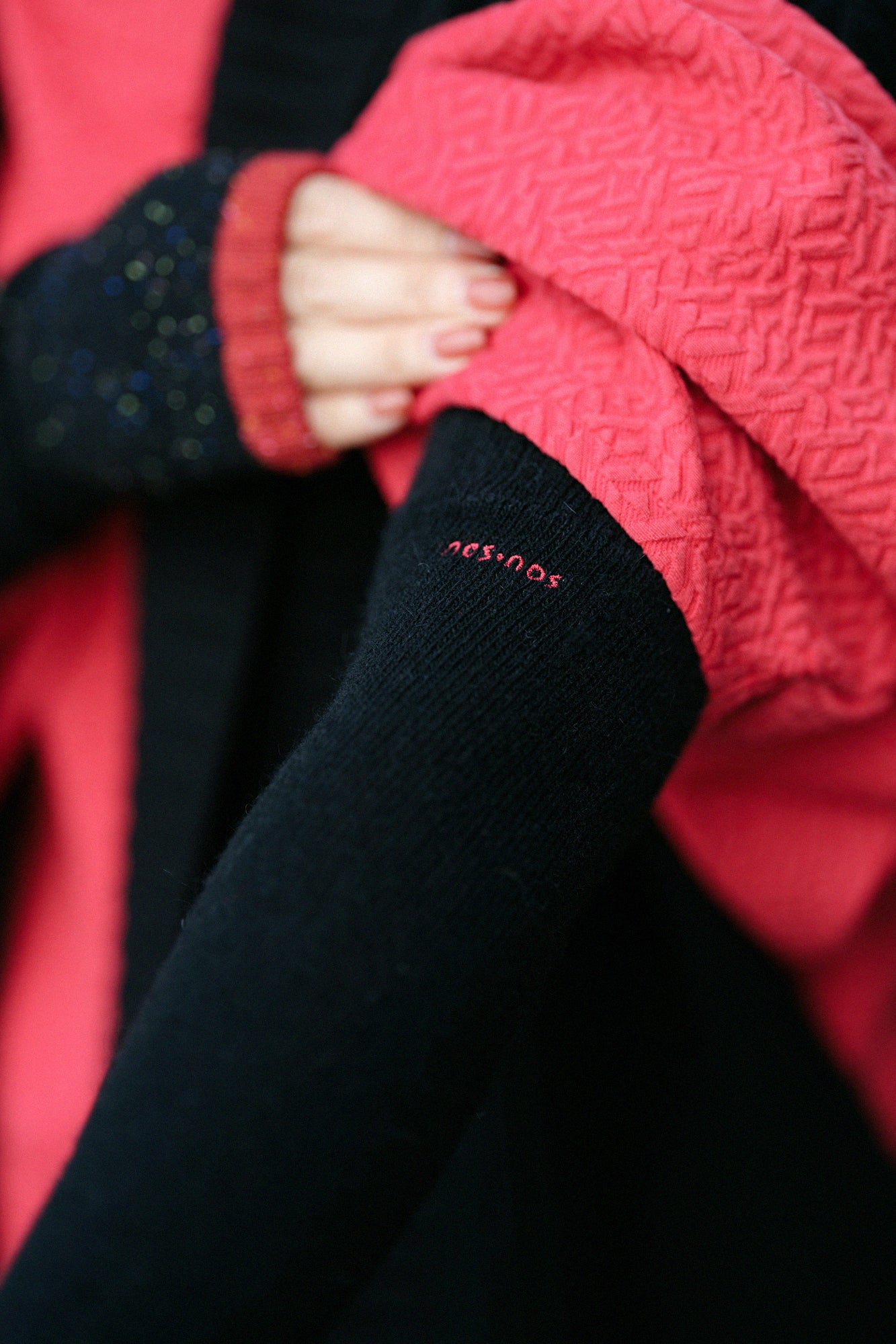 兔毛混紡 袖套／胭脂紅 2