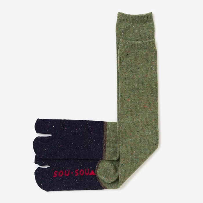 Bi-color Wool Tabi Socks (Under Knee)／Olive Green【Women Size Only】