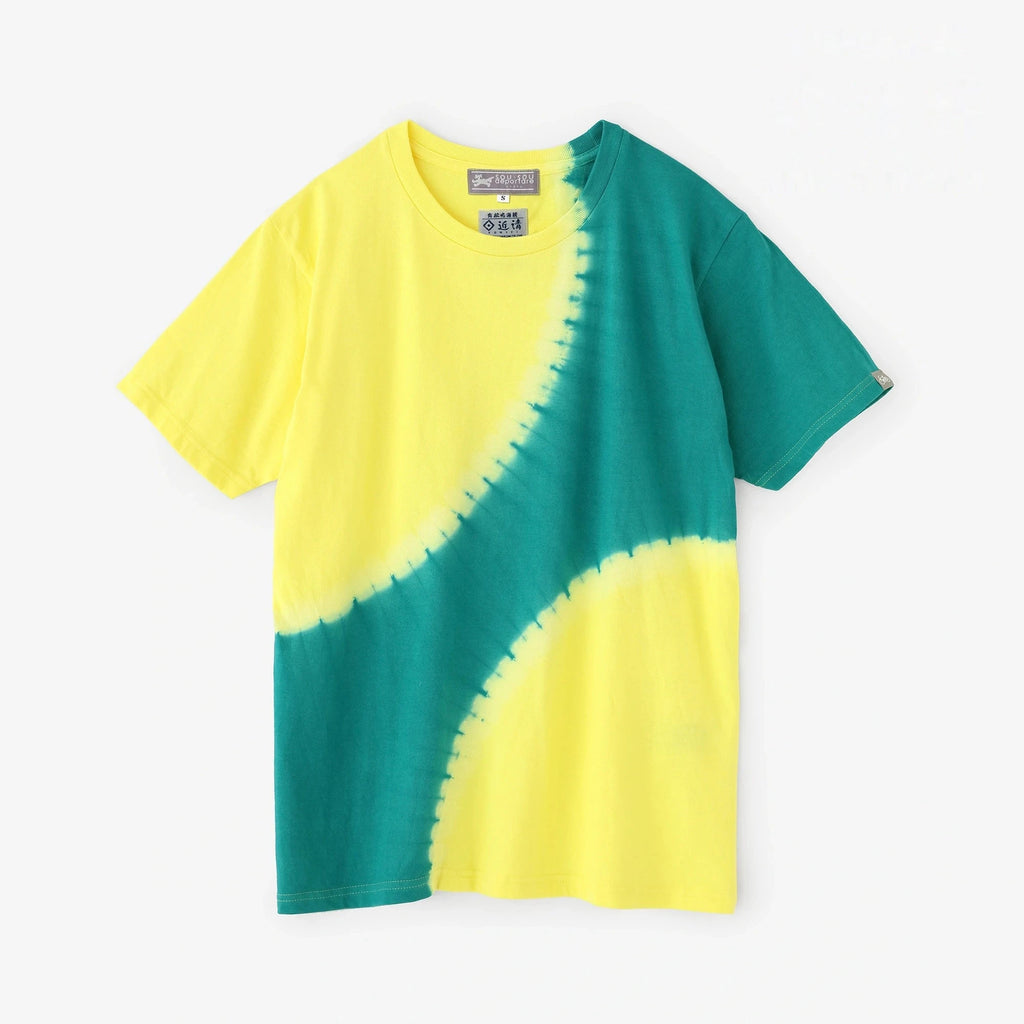 お値下げ　イエロー 半袖カットソー ウェーブ加工 近清絞り 染め分け半袖Tシャツ[5.0]／プラネート イエロー×エメラルド
