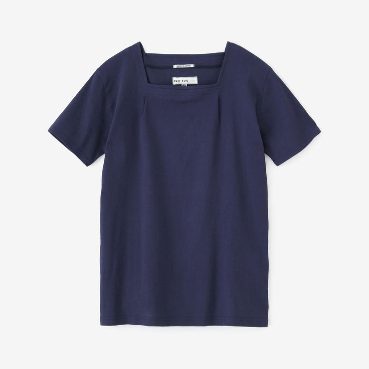 Chizimi Cotton 40/40 Short-sleeved Square Neck Shirt / Navy Blue