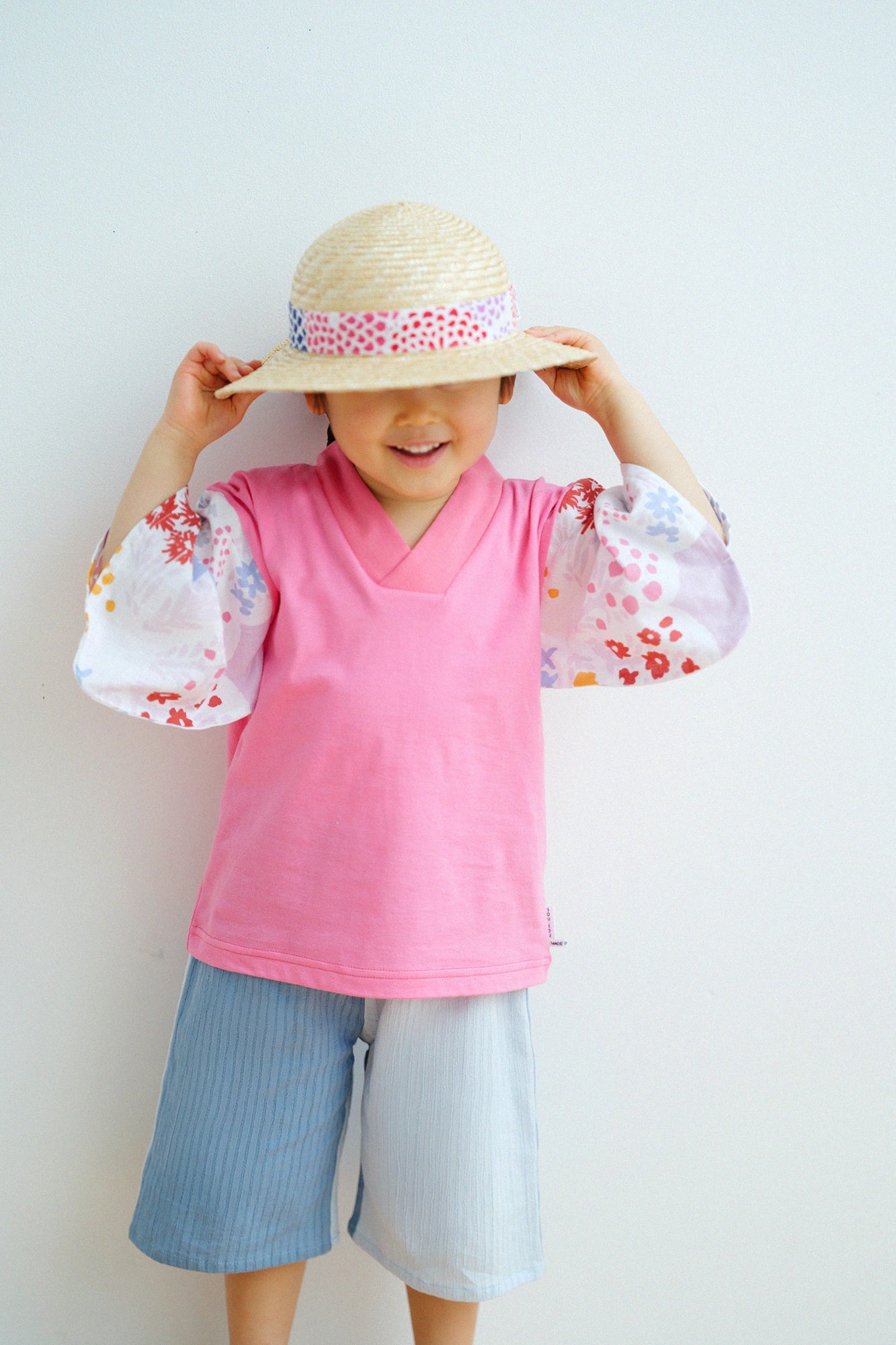●Kimono Sleeve Fubi Shirt／Peach Color×Chrysanthemum Pattern   Peach Color
