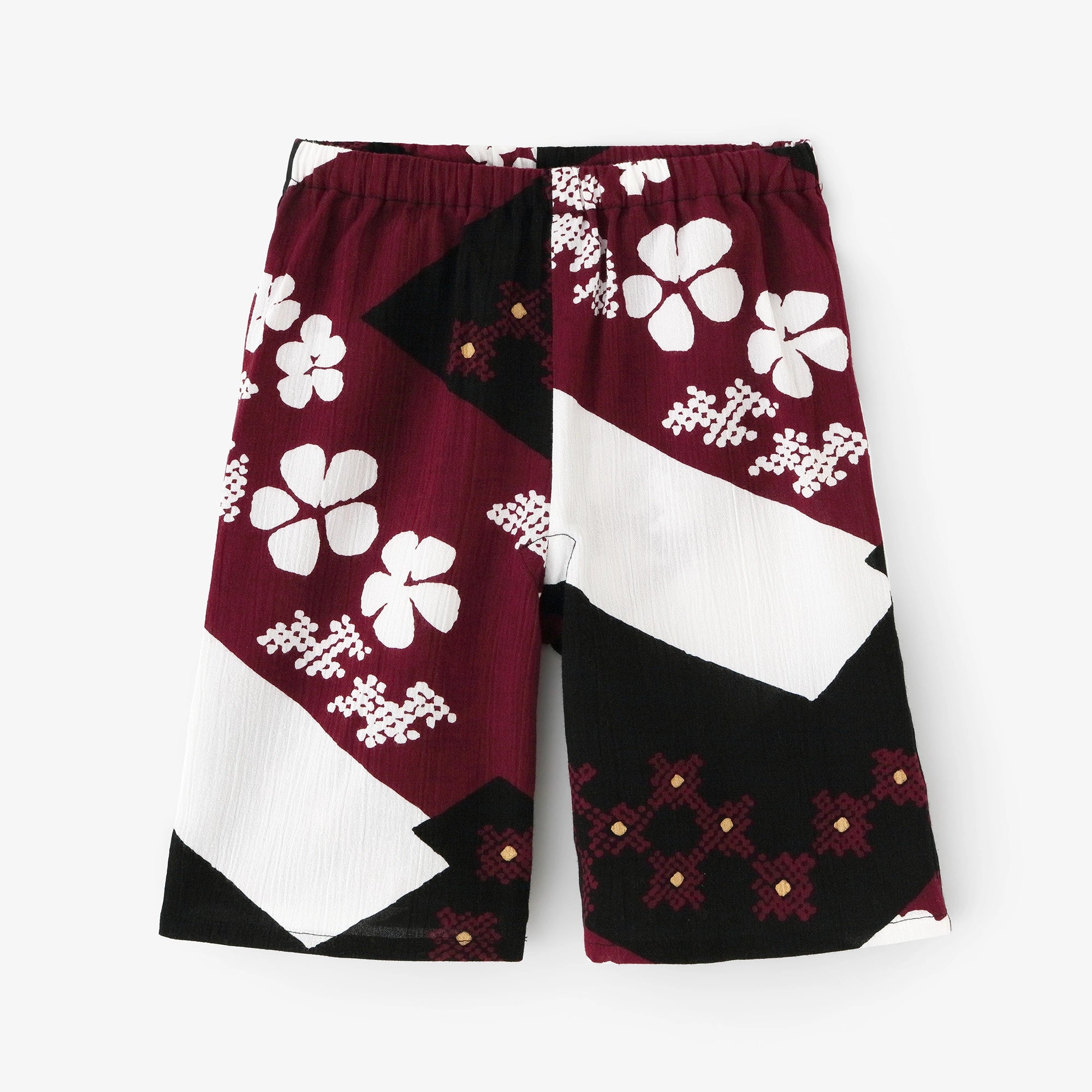 ●Chizimi Cotton 20/20 Knee Length Monpe Pants／Small Flowers, Clouds and Linked Diamond Pattern - Recreation