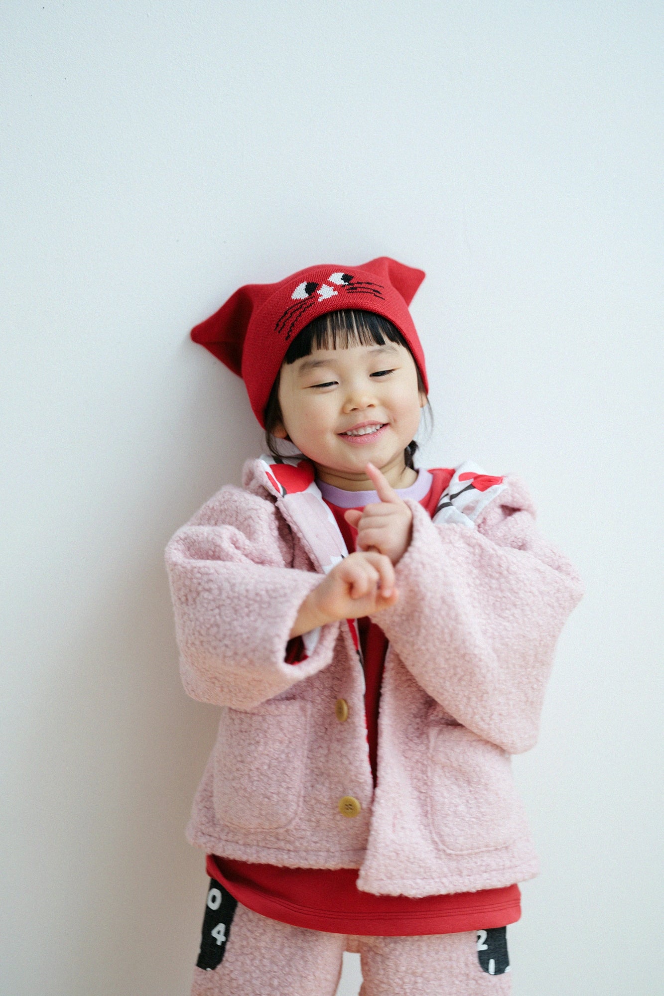 ●仿毛梯形袖連帽外套/桃色x 梅林春光