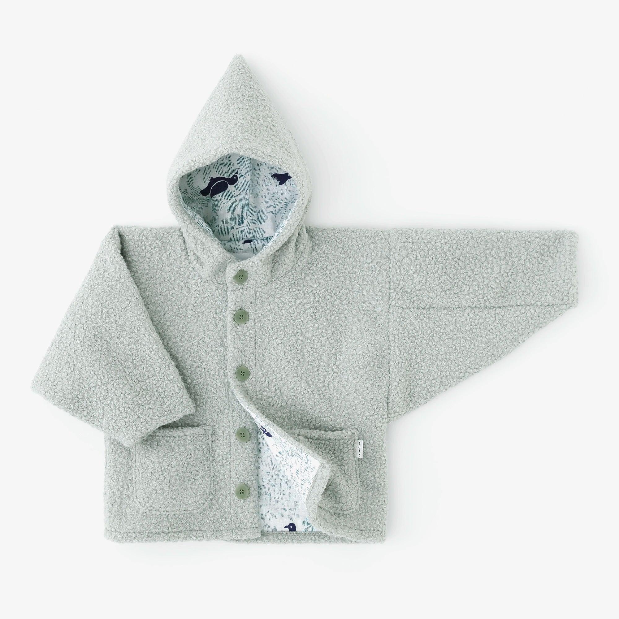 ●內抓毛 梯形袖連帽外套／藍綠色×鳥聲 白光