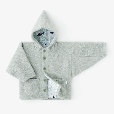 ●內抓毛 梯形袖連帽外套／藍綠色×鳥聲 白光