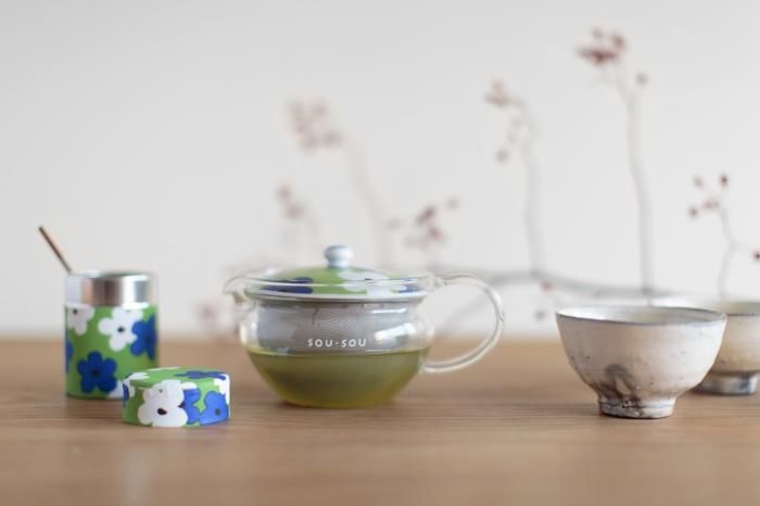 耐熱ガラス急須＆茶缶セット／花がさね