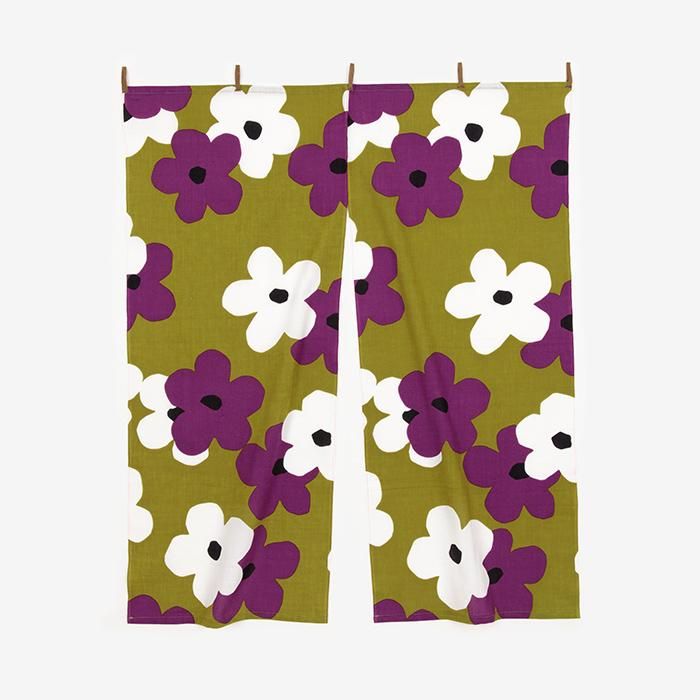 Ise cotton short curtain 2 width/Layered-flowers Yellowish Green