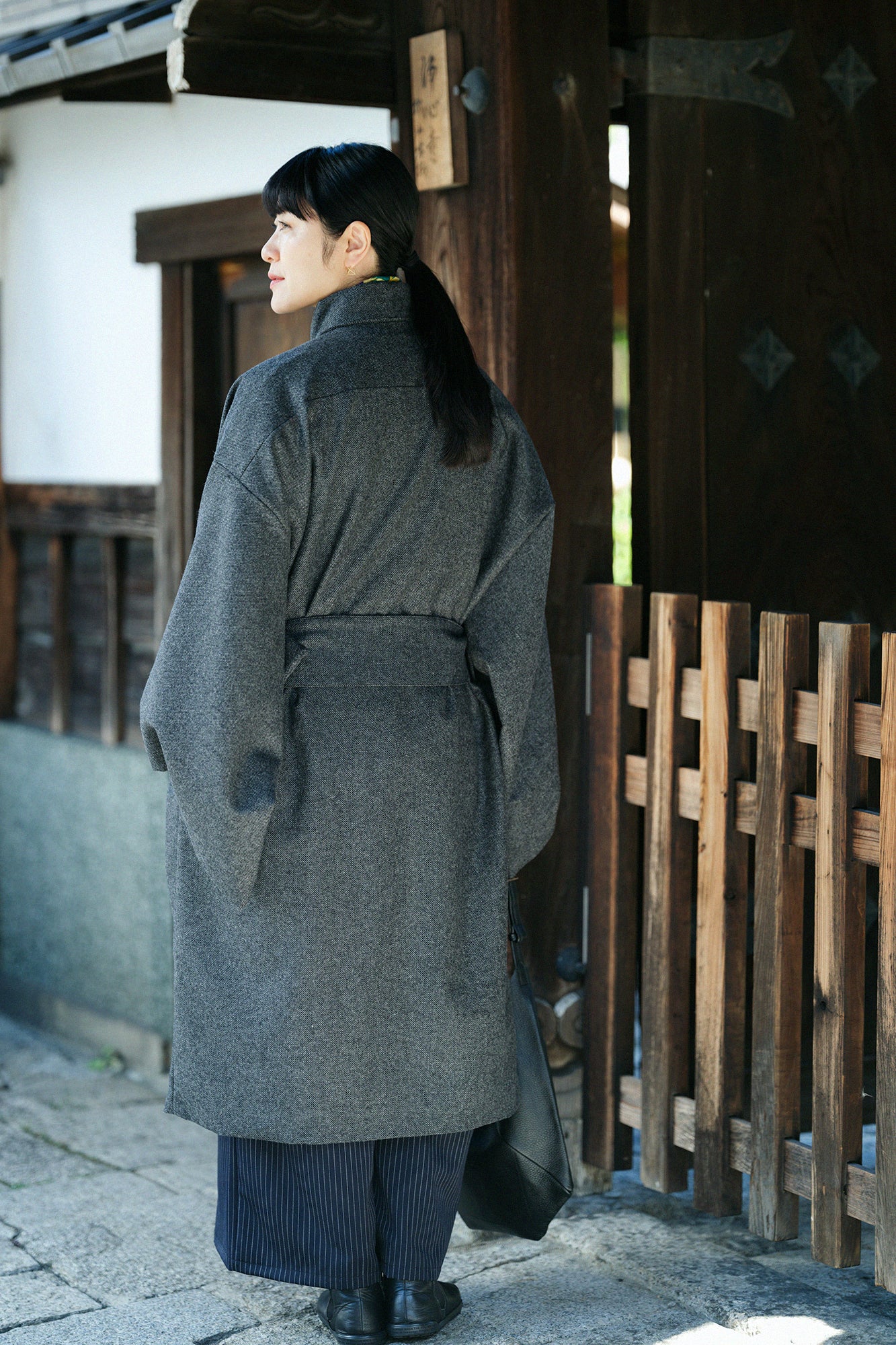 Tweed Kimono Sleeve Coat with Lining / Ink Black