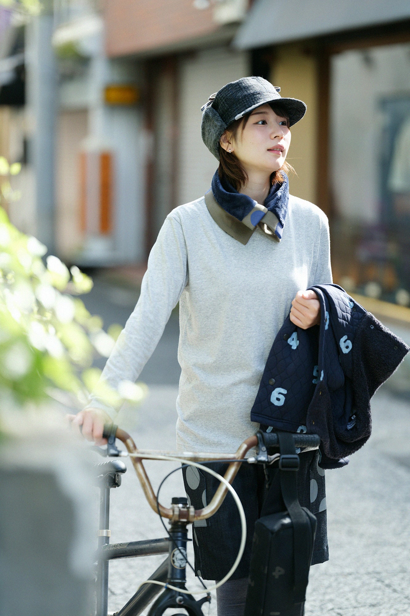 雙面用 BIKE短圍巾／圓點 間疏 卡其色