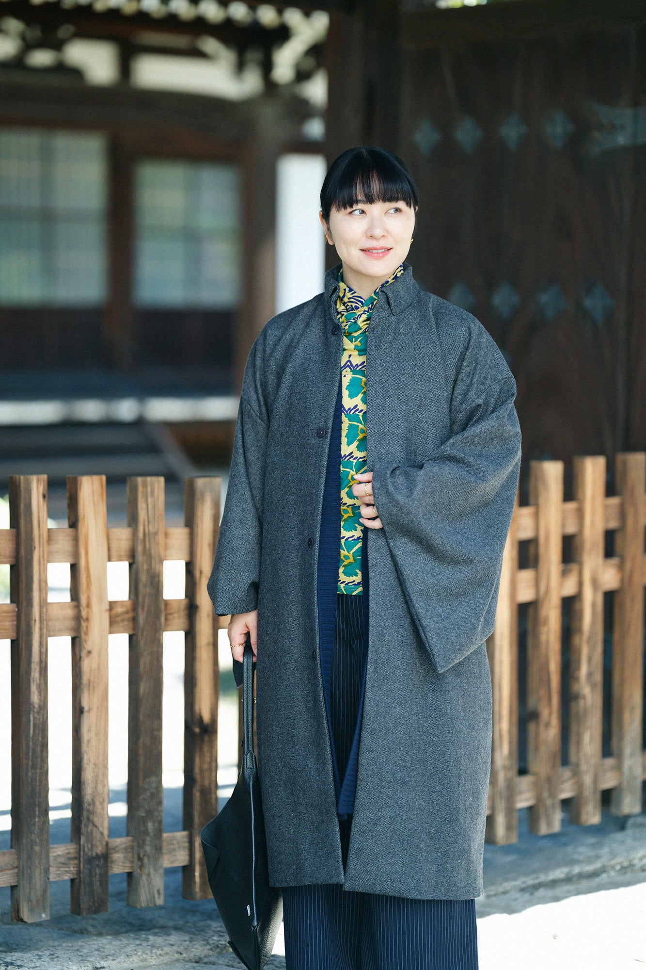Tweed Kimono Sleeve Coat with Lining / Ink Black