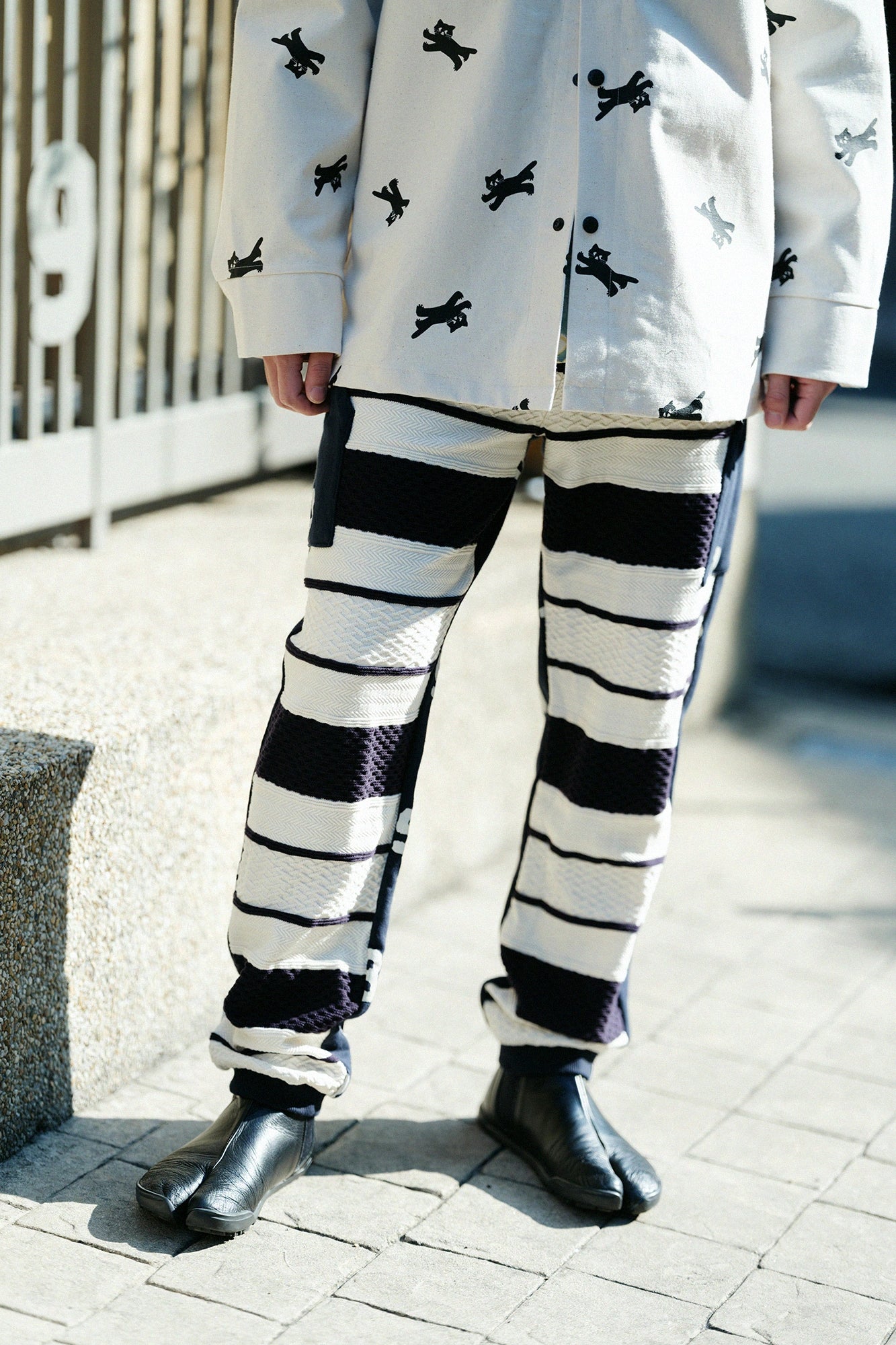 【3月10日頃発送予定】ケーブルジャカード×裏毛 BIKEパンツ／エクリュ ネイビーボーダー×SO-SU-U