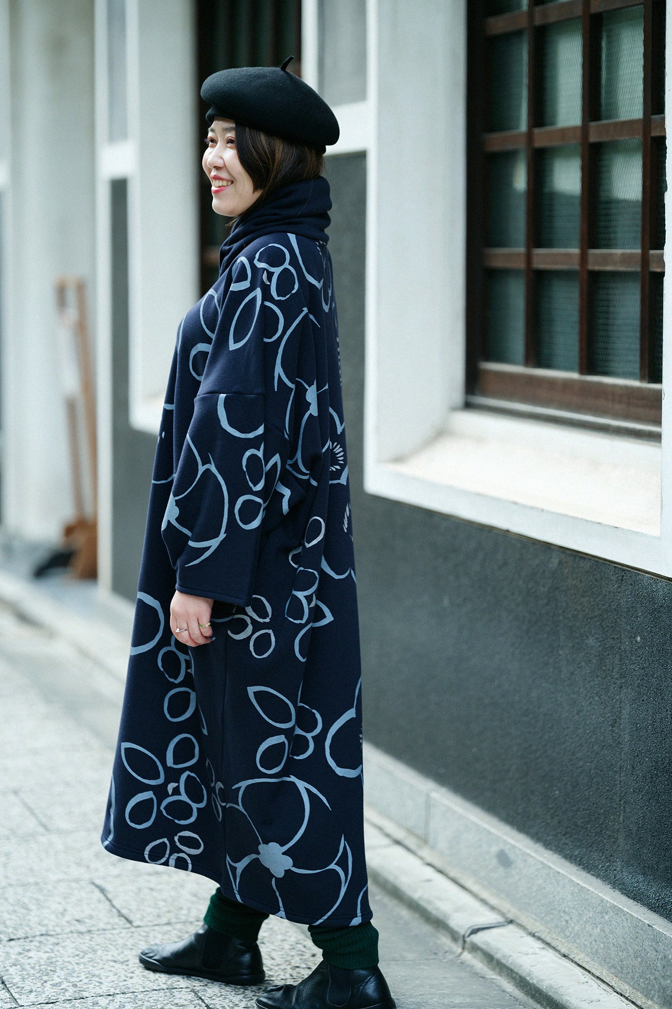 裏仿毛 針織 高領圓弧袖長方形洋裝／桃山 略 黑藍色