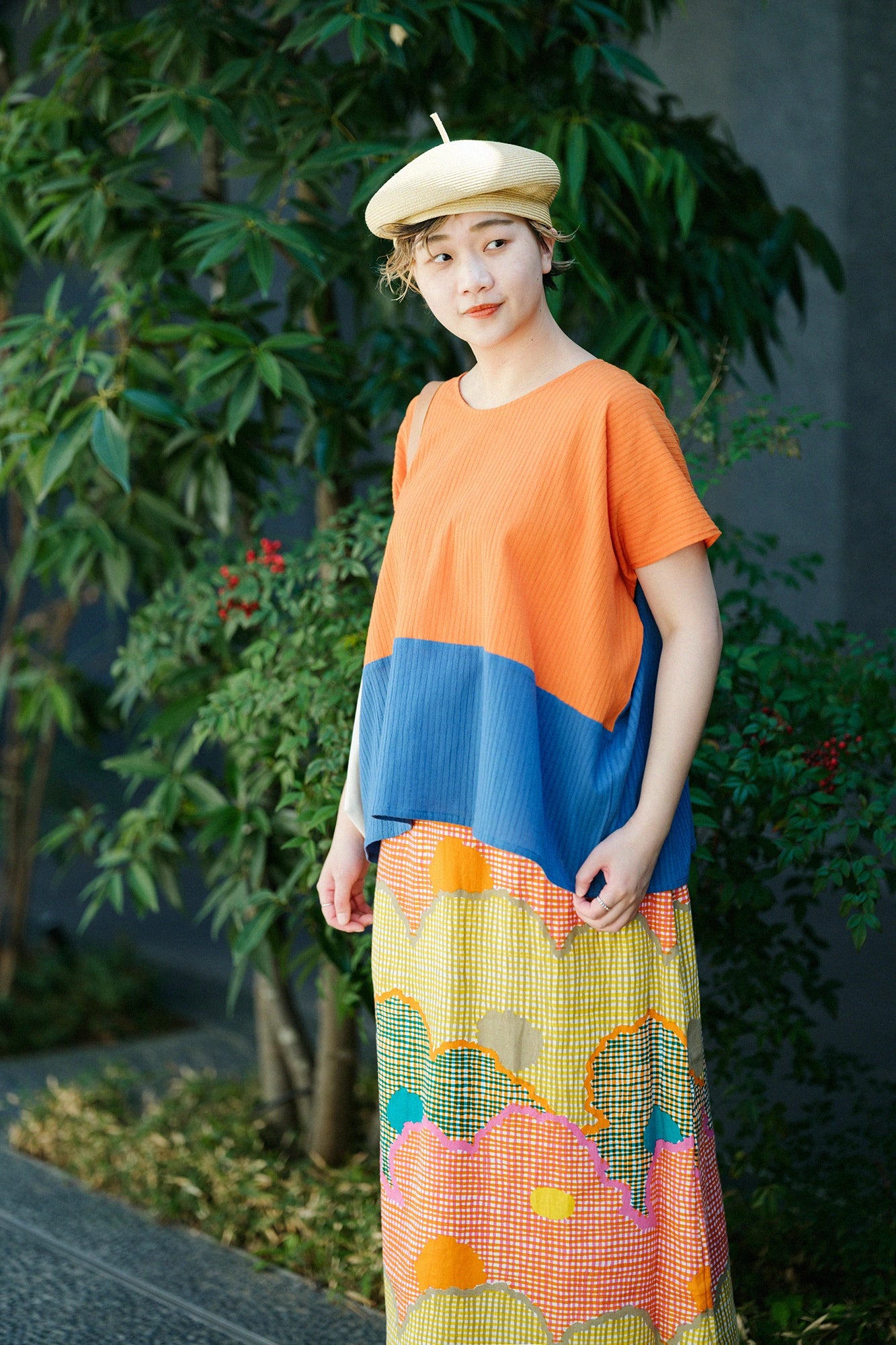 Chizimi Cotton 40/20 Akiha Square Top Bi-color / Orange-red Color×Ash Blue