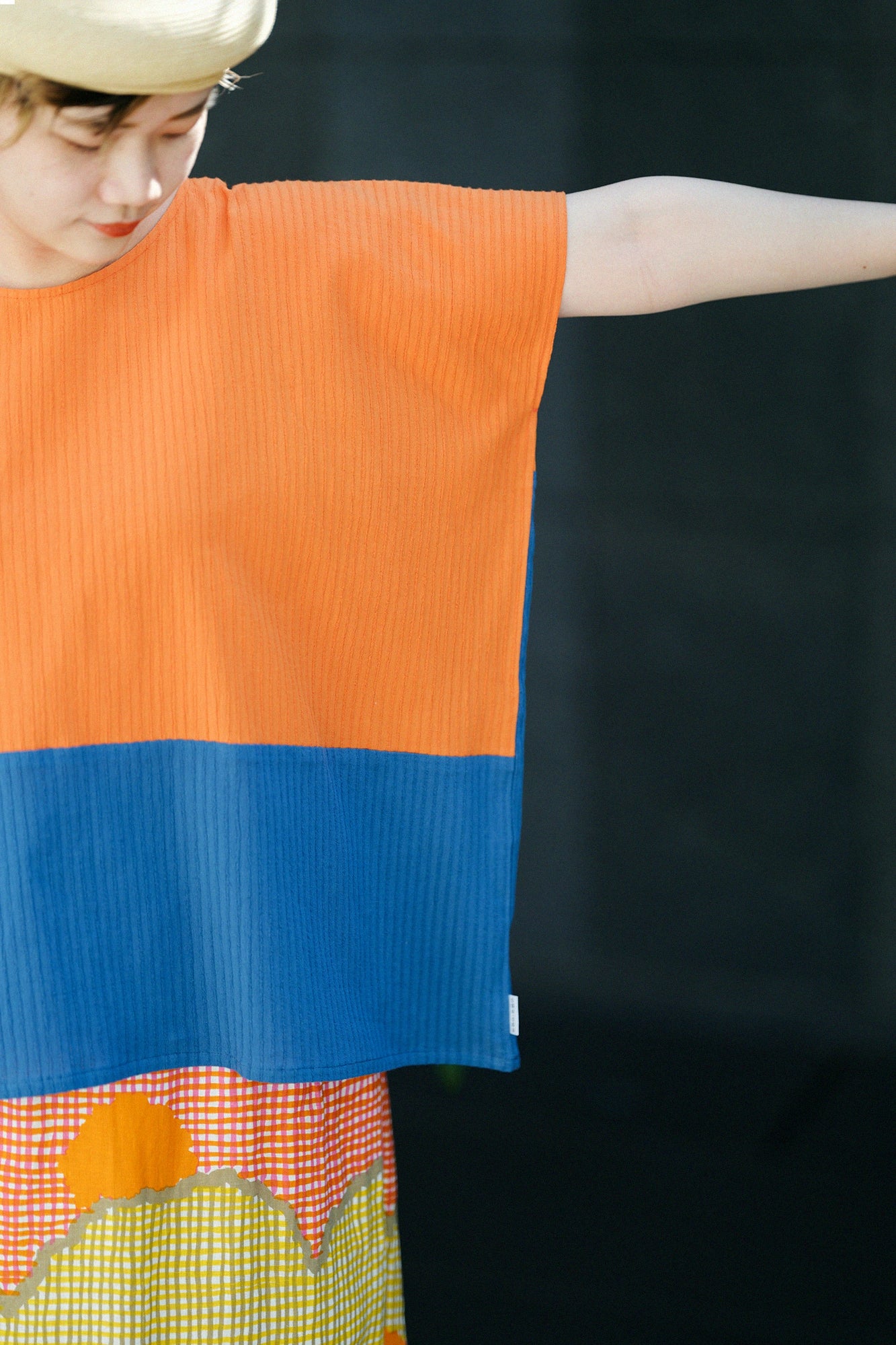 Chizimi Cotton 40/20 Akiha Square Top Bi-color / Orange-red Color×Ash Blue