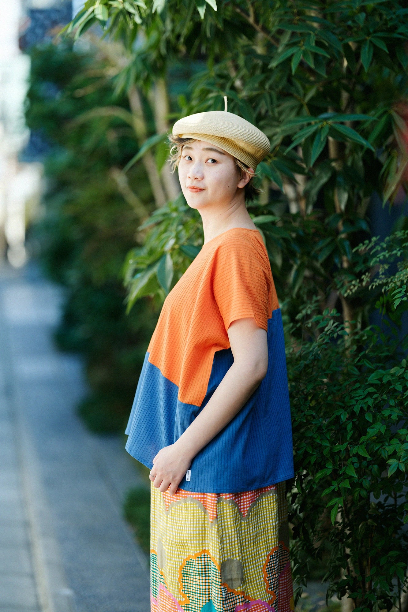 Chizimi Cotton 40/20 Akiha Square Top Bi-color / Orange-red Color×Ash Blue