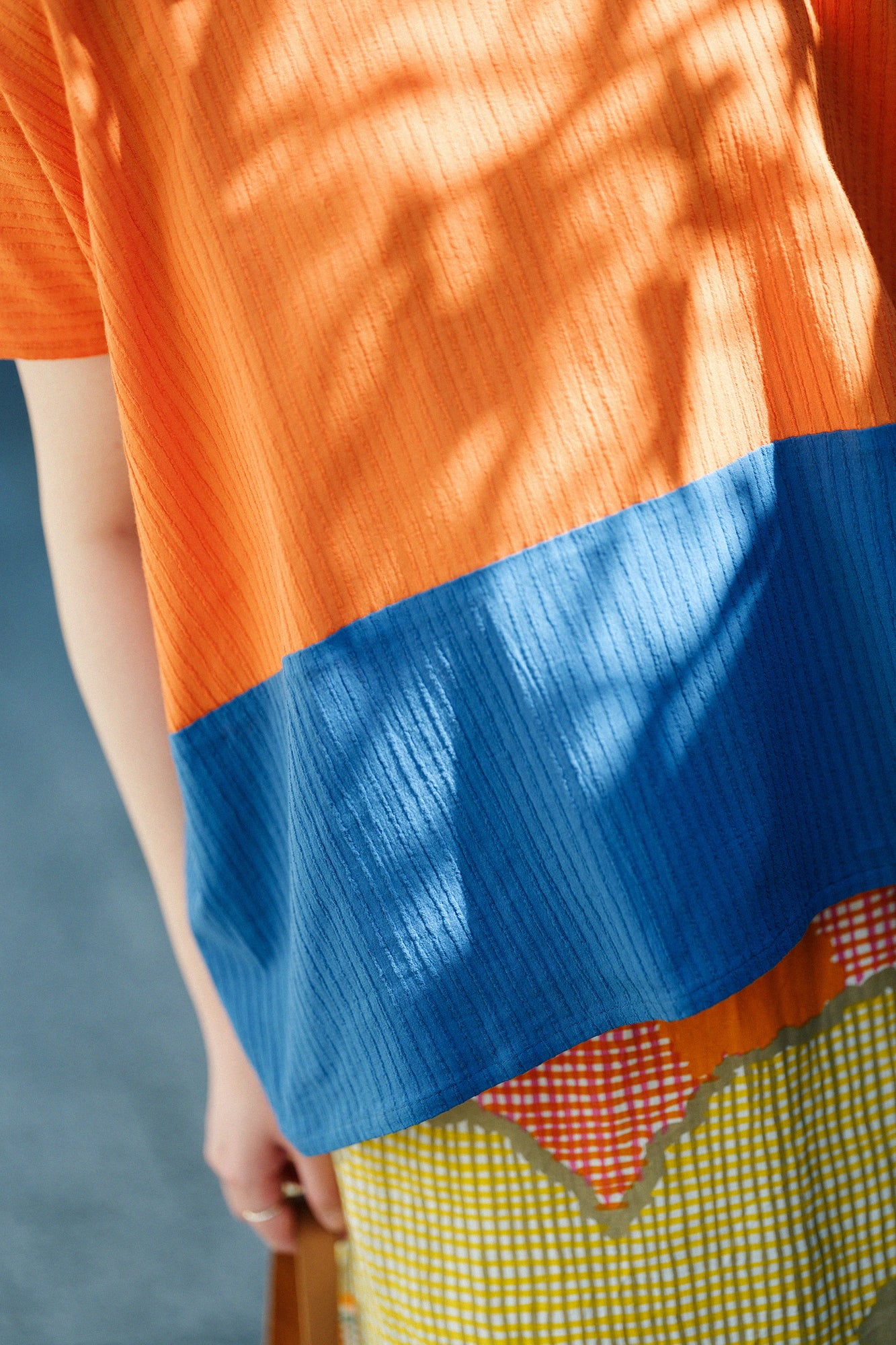 Chizimi Cotton 40/20 Akiha Square Top Bi-color / Orange-red Color×Ash Blue