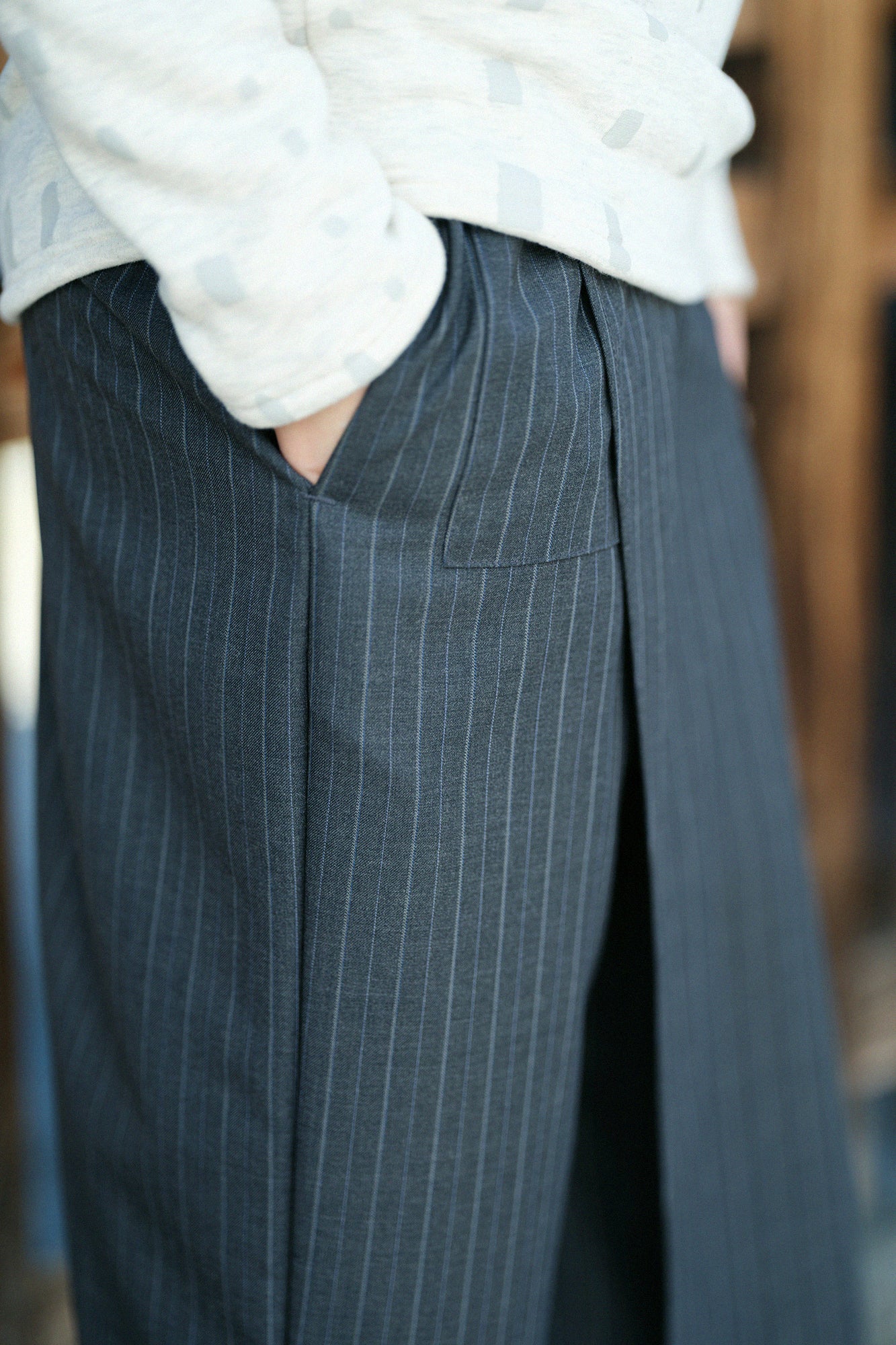 梳毛條紋 和服褲裝／濃灰