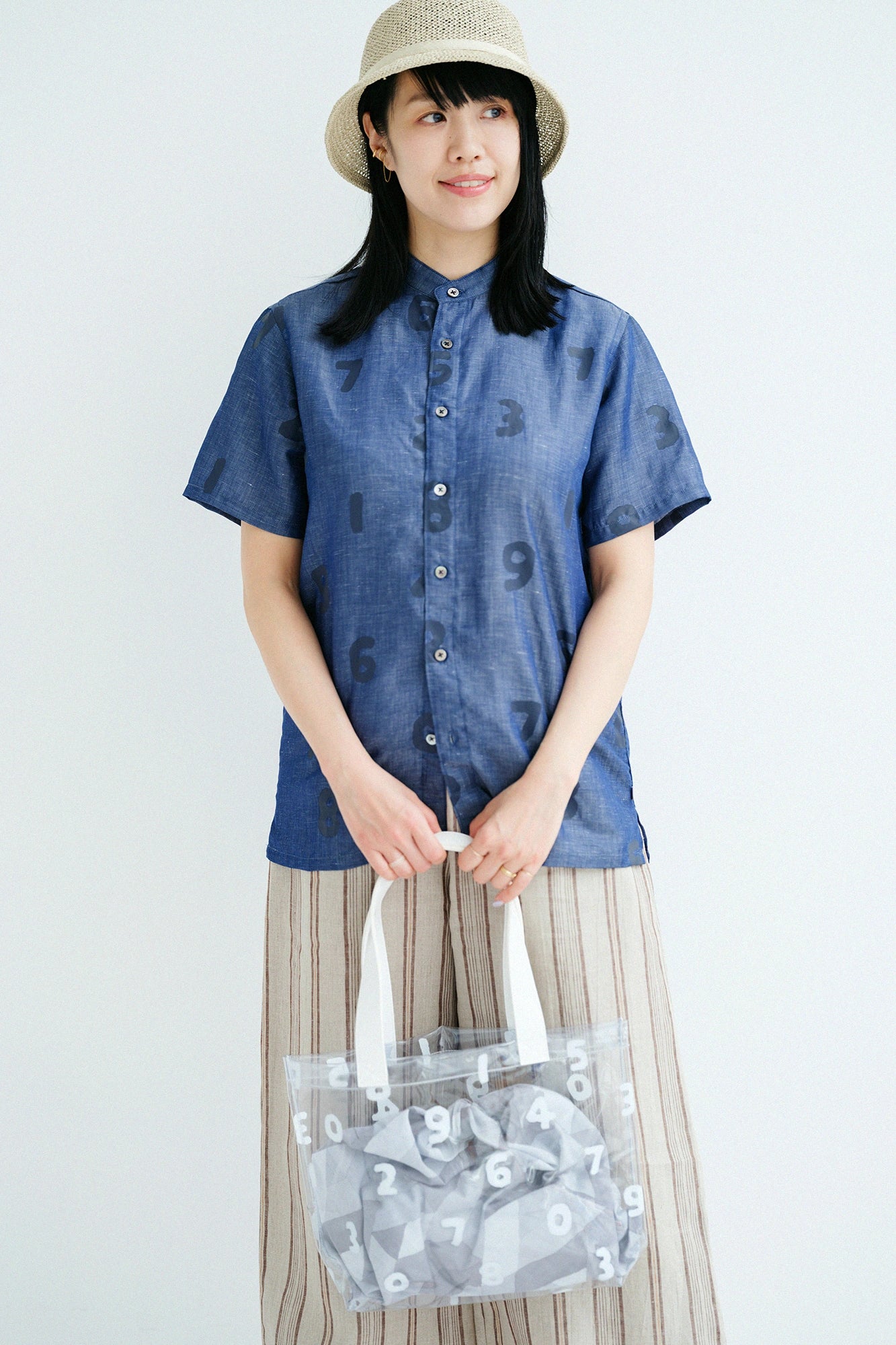 Chambray Stand Collor Short Sleeve Shirt／SO-SU-U Navy