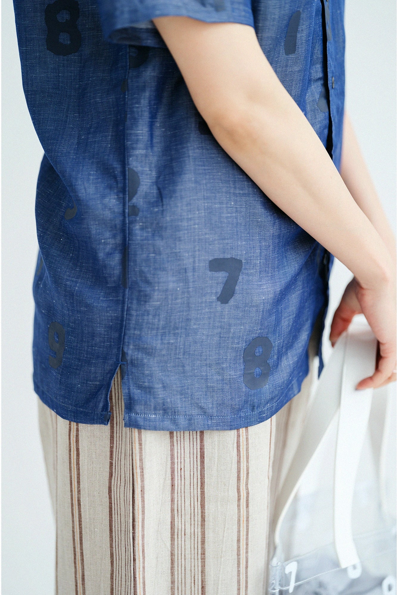 Chambray Stand Collor Short Sleeve Shirt／SO-SU-U Navy