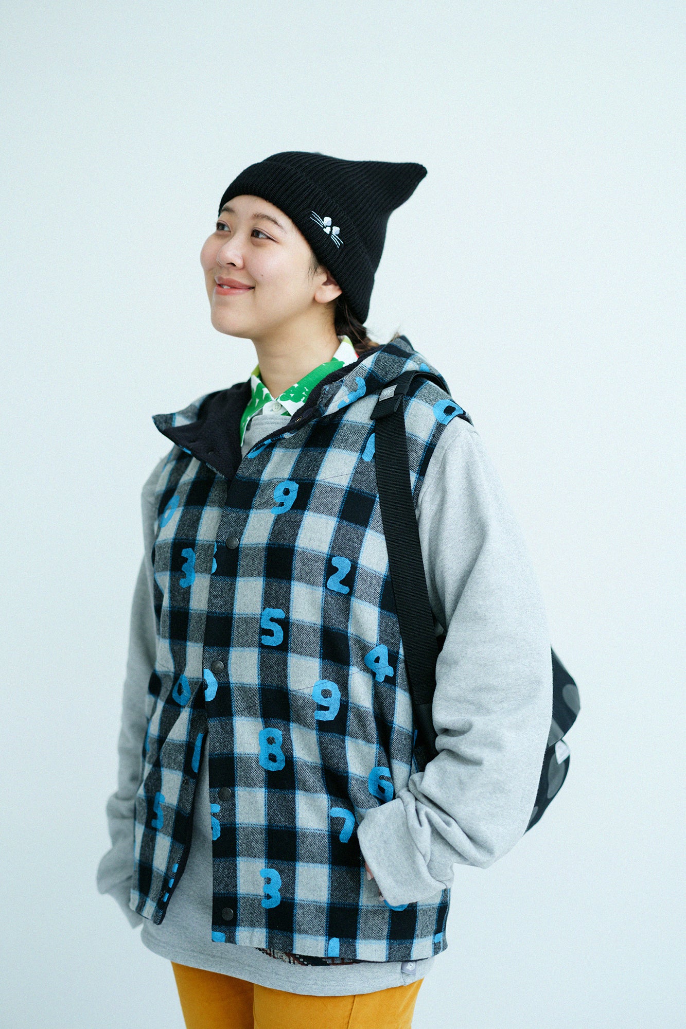 ウールチェック×ボア BIKEフードベスト／SO-SU-U ブルーブラック