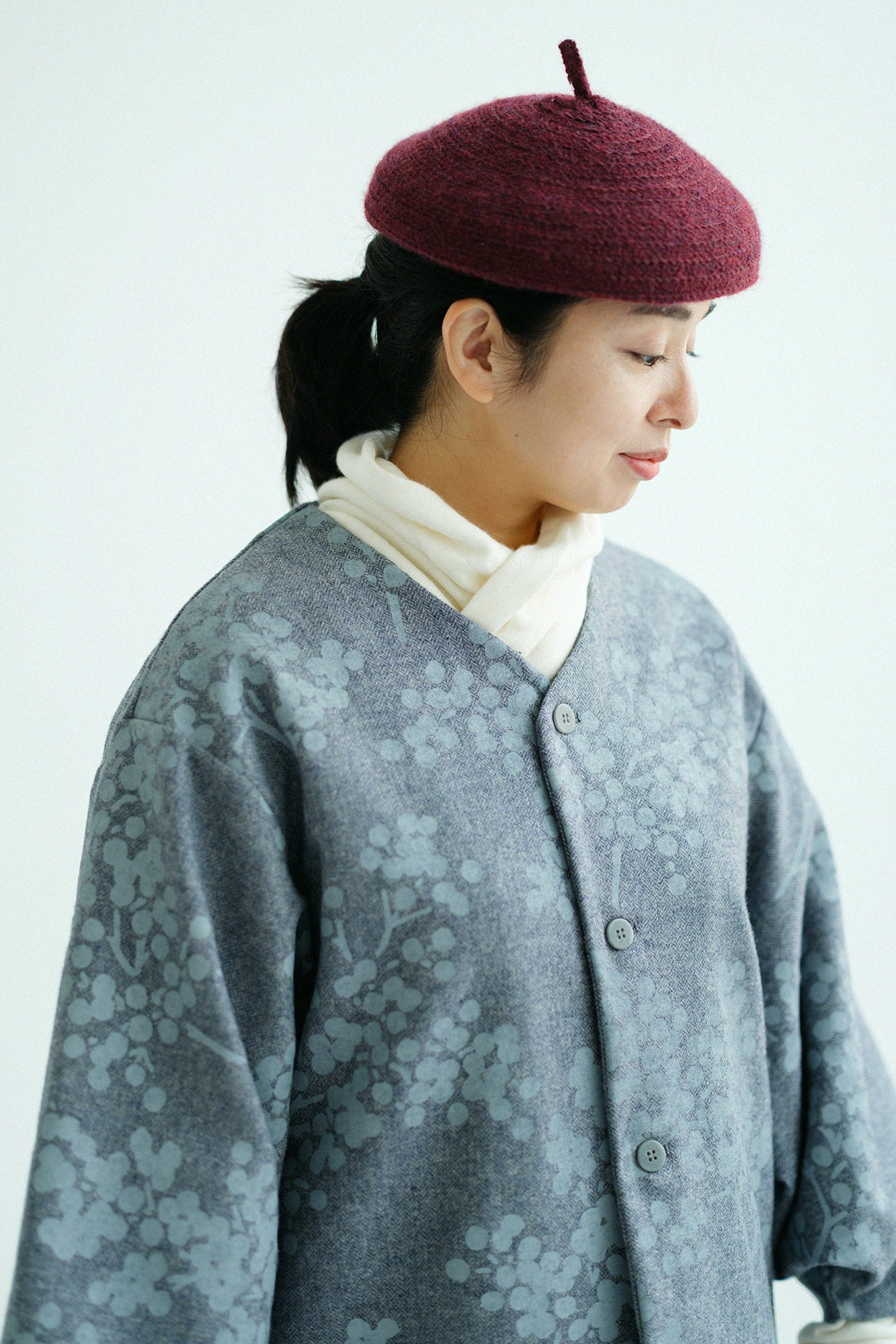 Tweed Herringbone Weave Naginata Sleeve Haori with Lining / Nandina Greyish Bellflower Blue