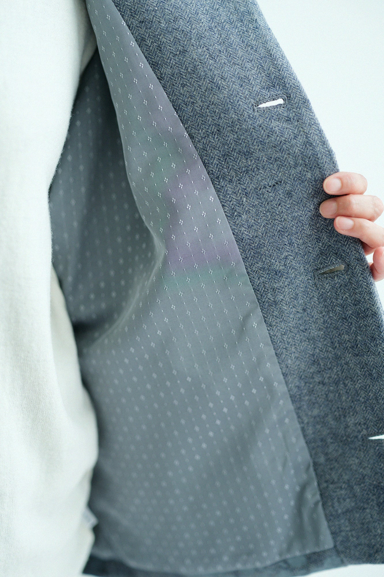 Tweed Herringbone Weave Naginata Sleeve Haori with Lining / Nandina Greyish Bellflower Blue