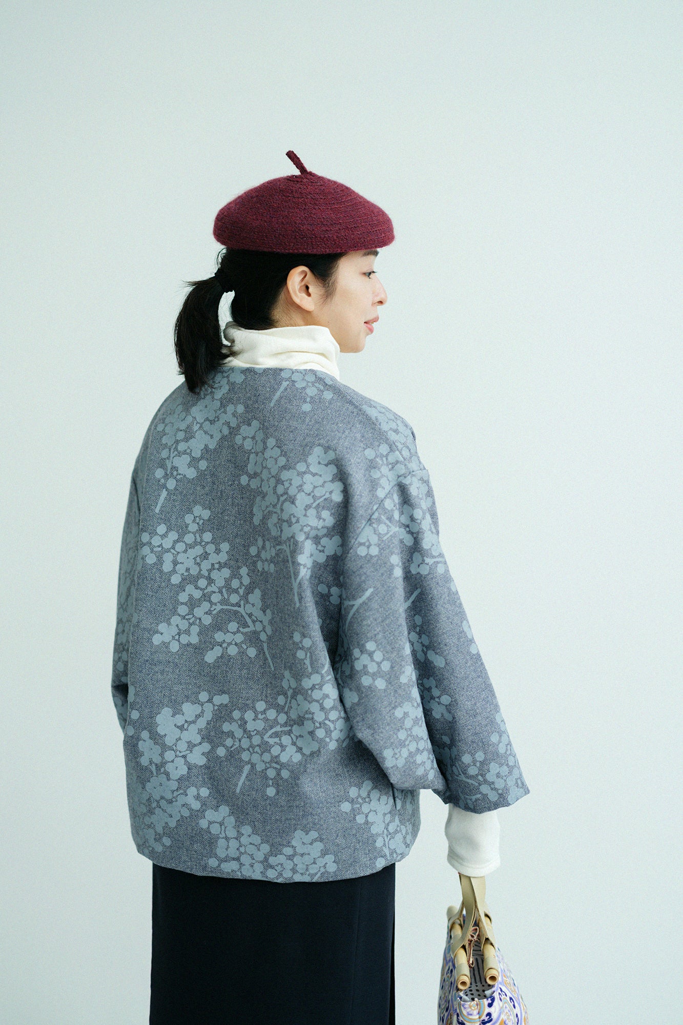 Tweed Herringbone Weave Naginata Sleeve Haori with Lining / Nandina Greyish Bellflower Blue