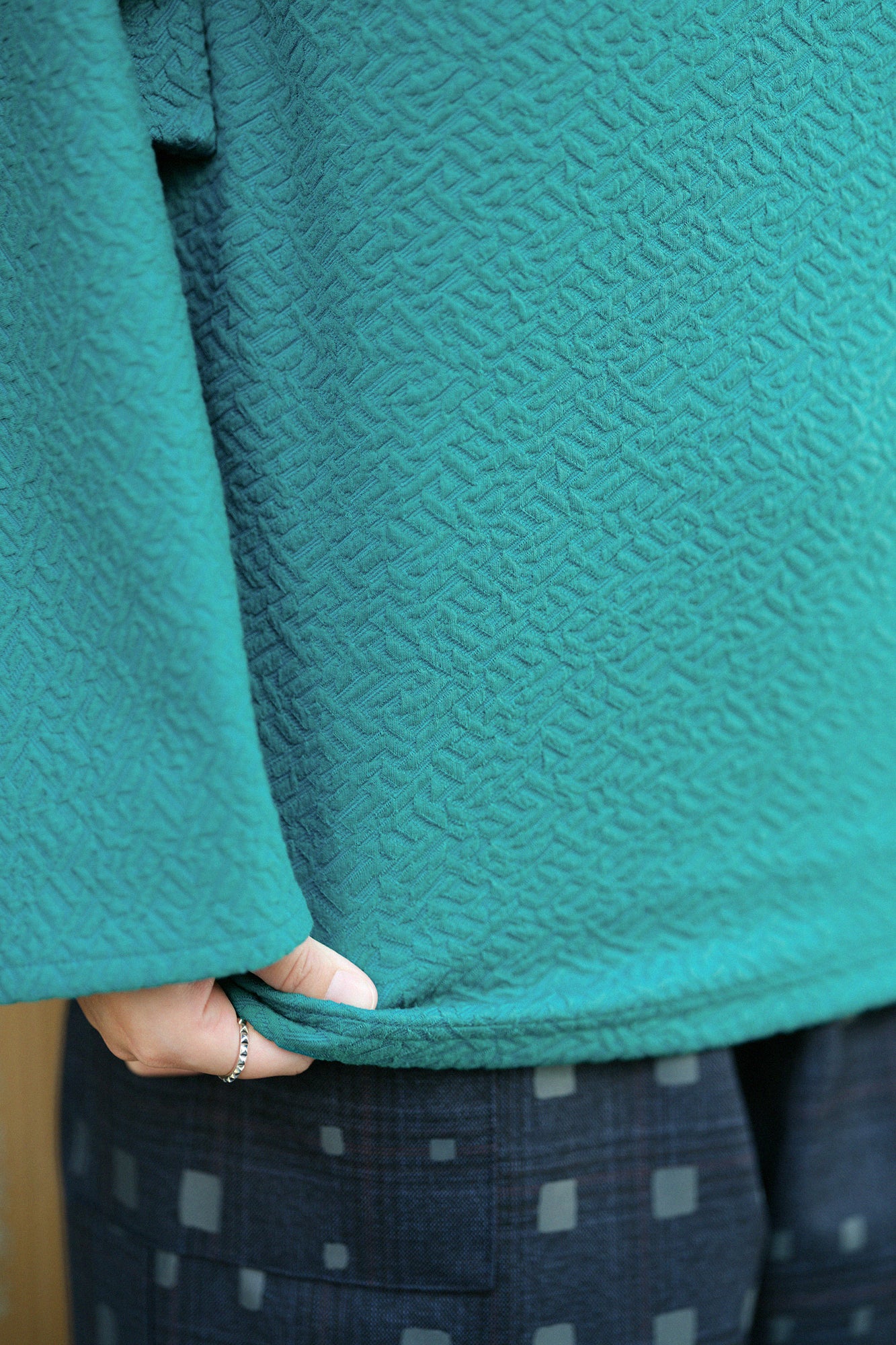 Dual-layered Jacquard Kimono Collar Top Shiraiki / Peacock Green