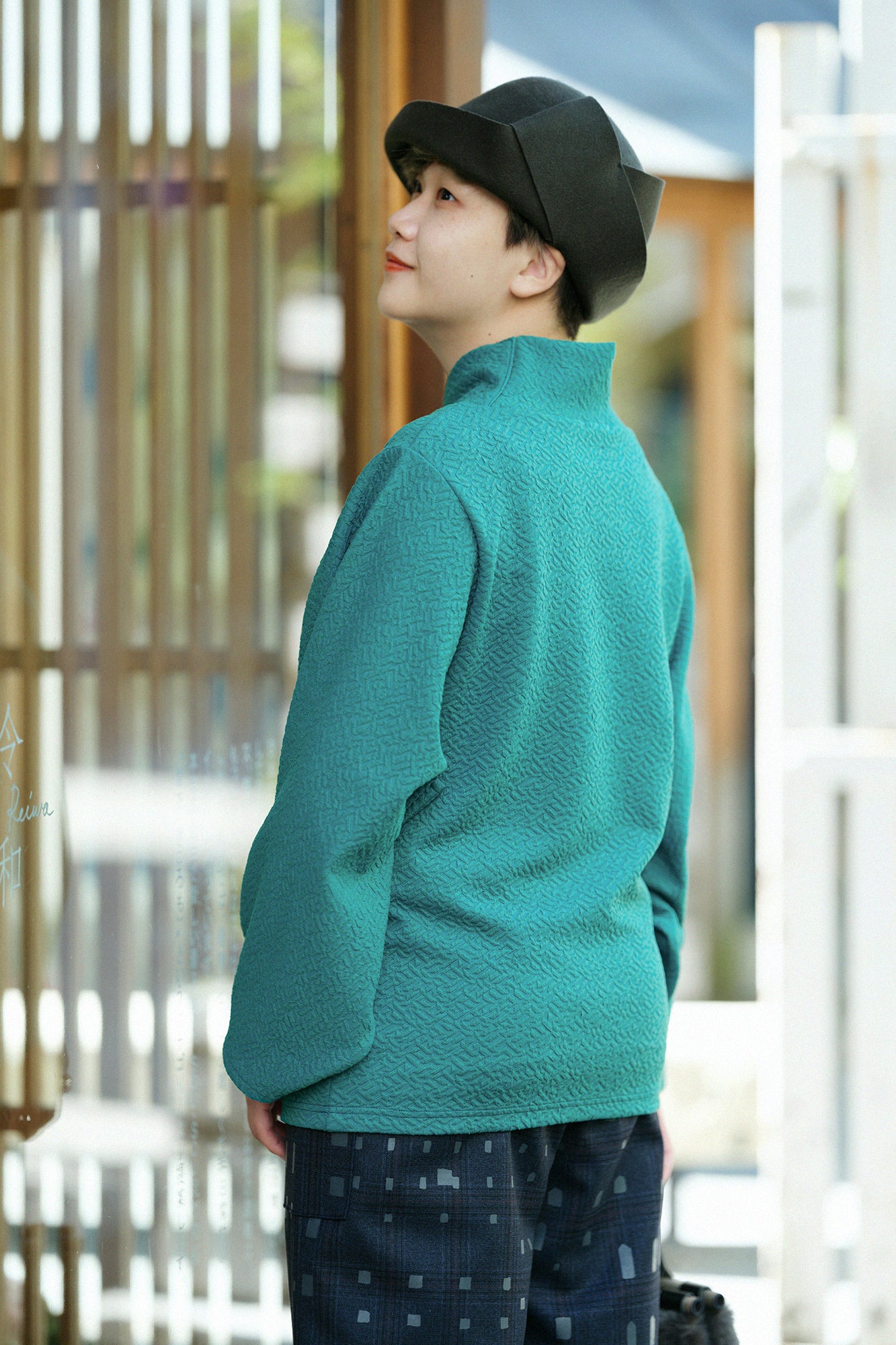 Dual-layered Jacquard Kimono Collar Top Shiraiki / Peacock Green