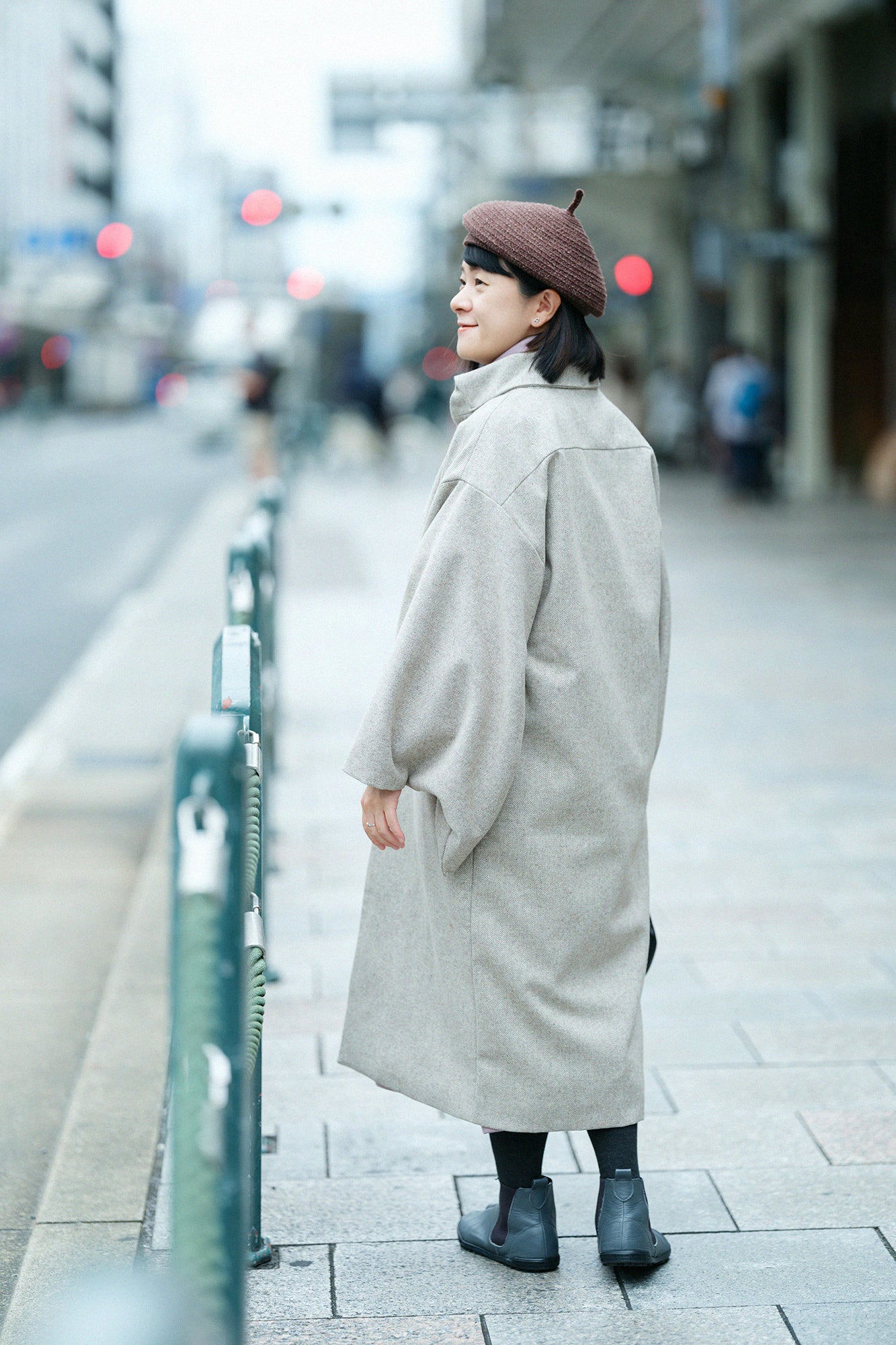 Tweed Kimono Sleeve Coat with Lining / Beige