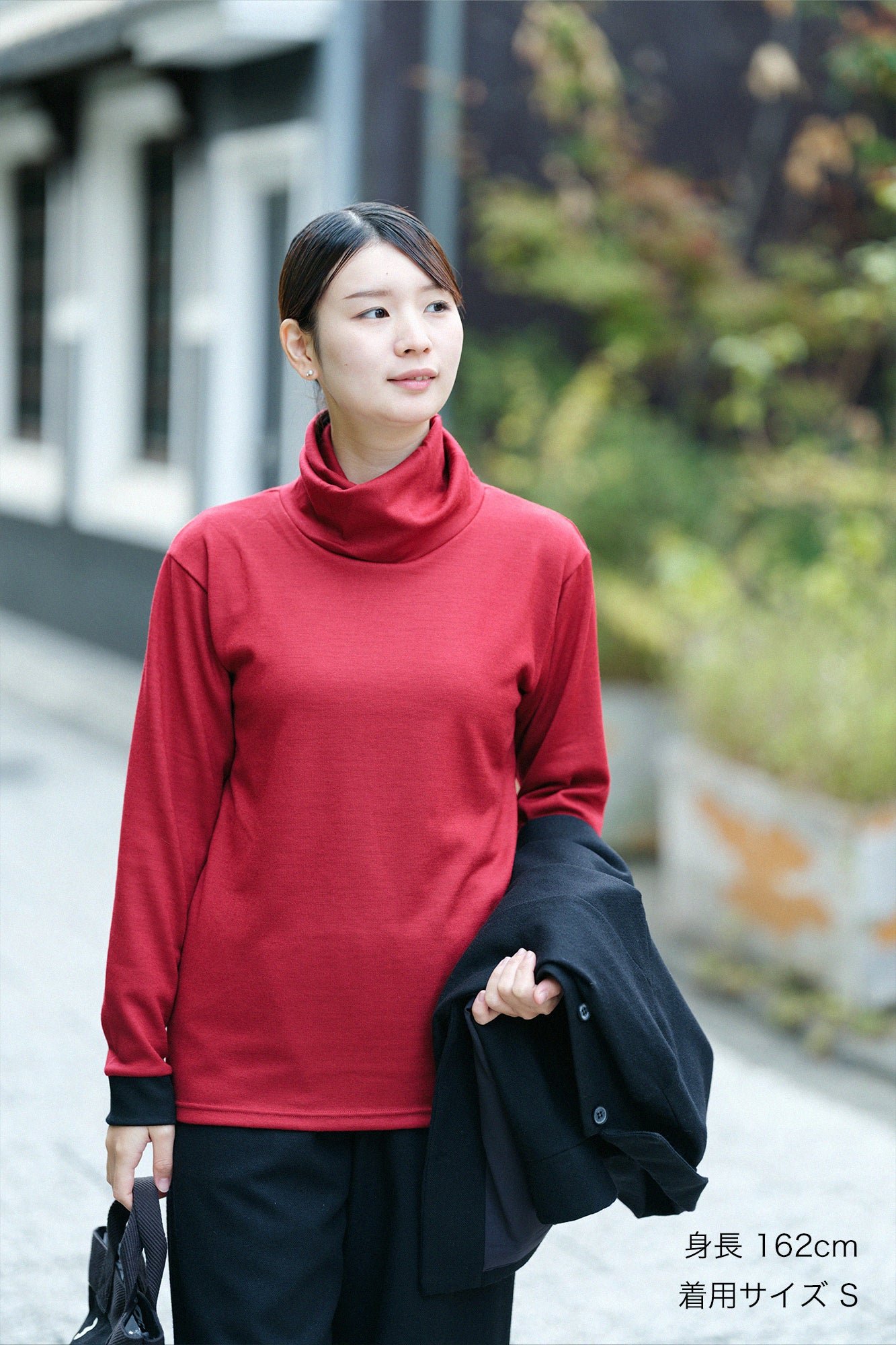 【預購】平針織 可洗羊毛 造型高領L/S長版上衣／深紅色（※預計於12月9日左右發貨）