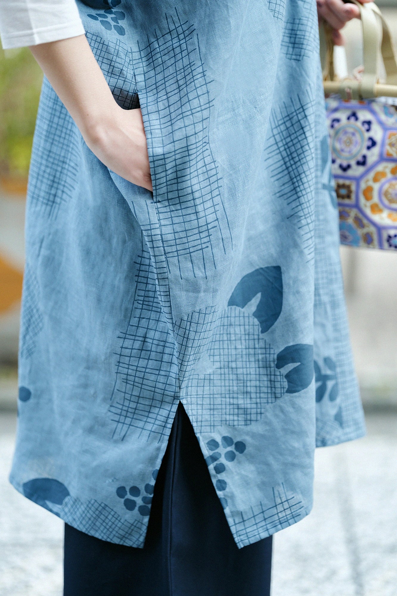【Scheduled to ship around Mar 3】Linen Rectangular Dress Split Joint／Random Thoughts Greyish Blue