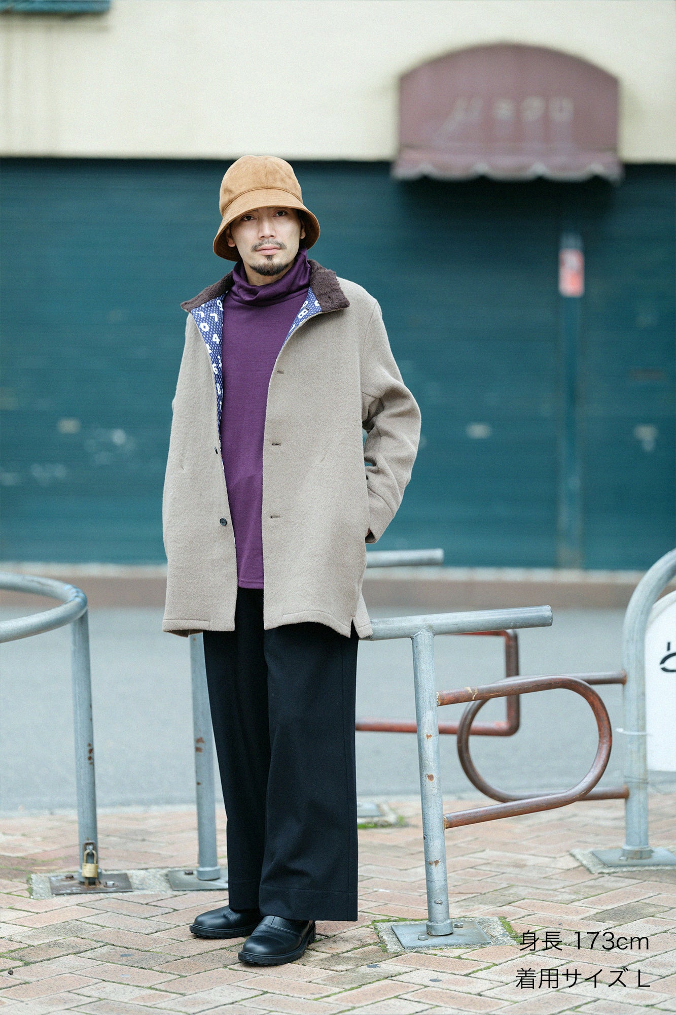 A.S Double Face Wool Stand Collar Short Coat／Greyish Brown×Woven
