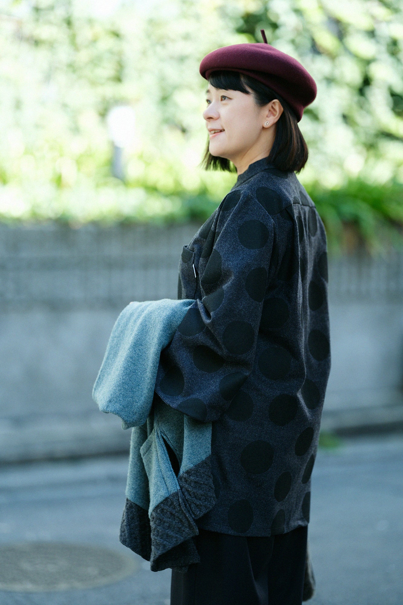 Tweed Naginata Sleeve Long Shirt / Polka Dots and Blank Bluish Grey